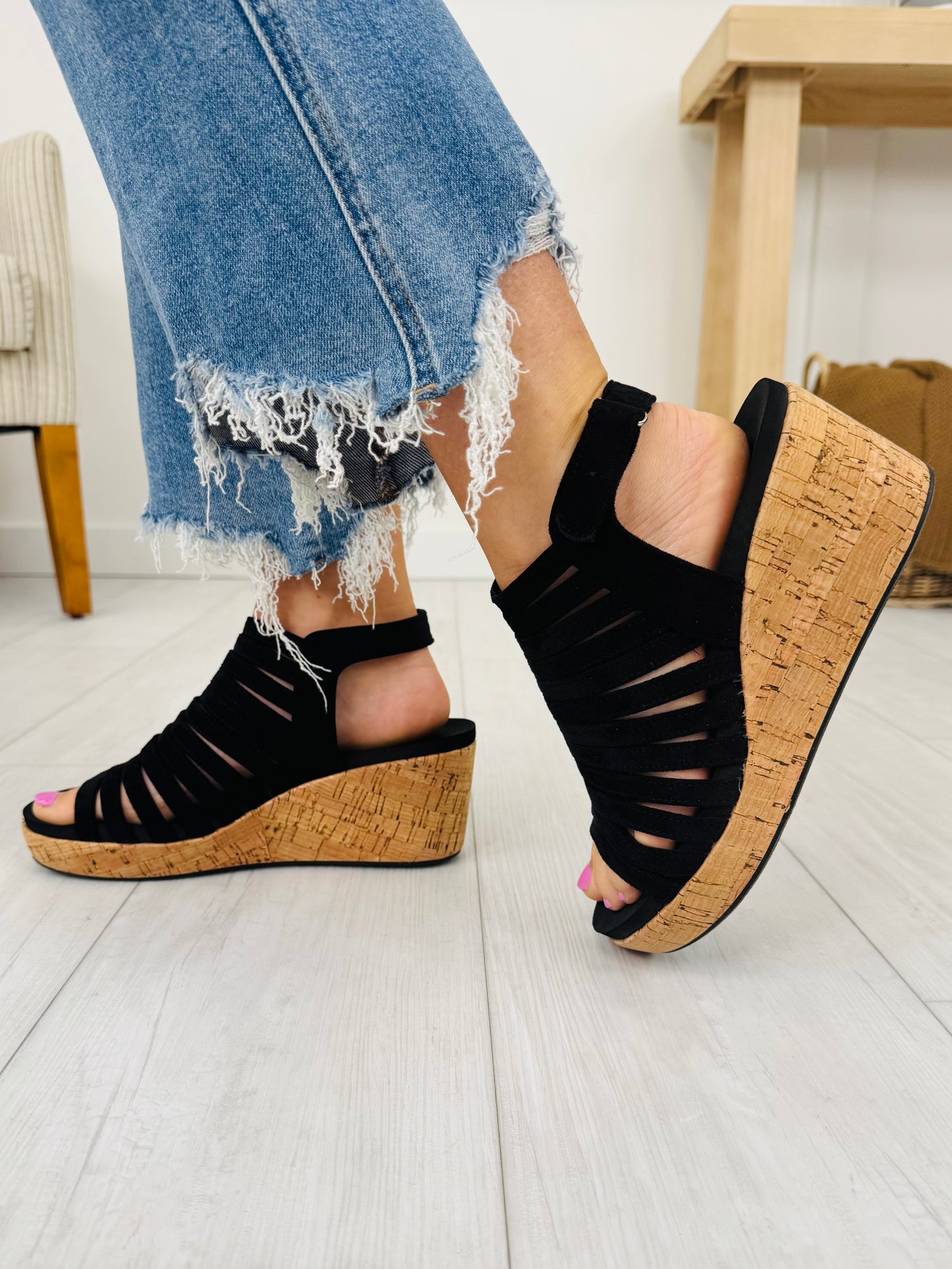 Elevated Stunner Wedges In Black Faux Suede