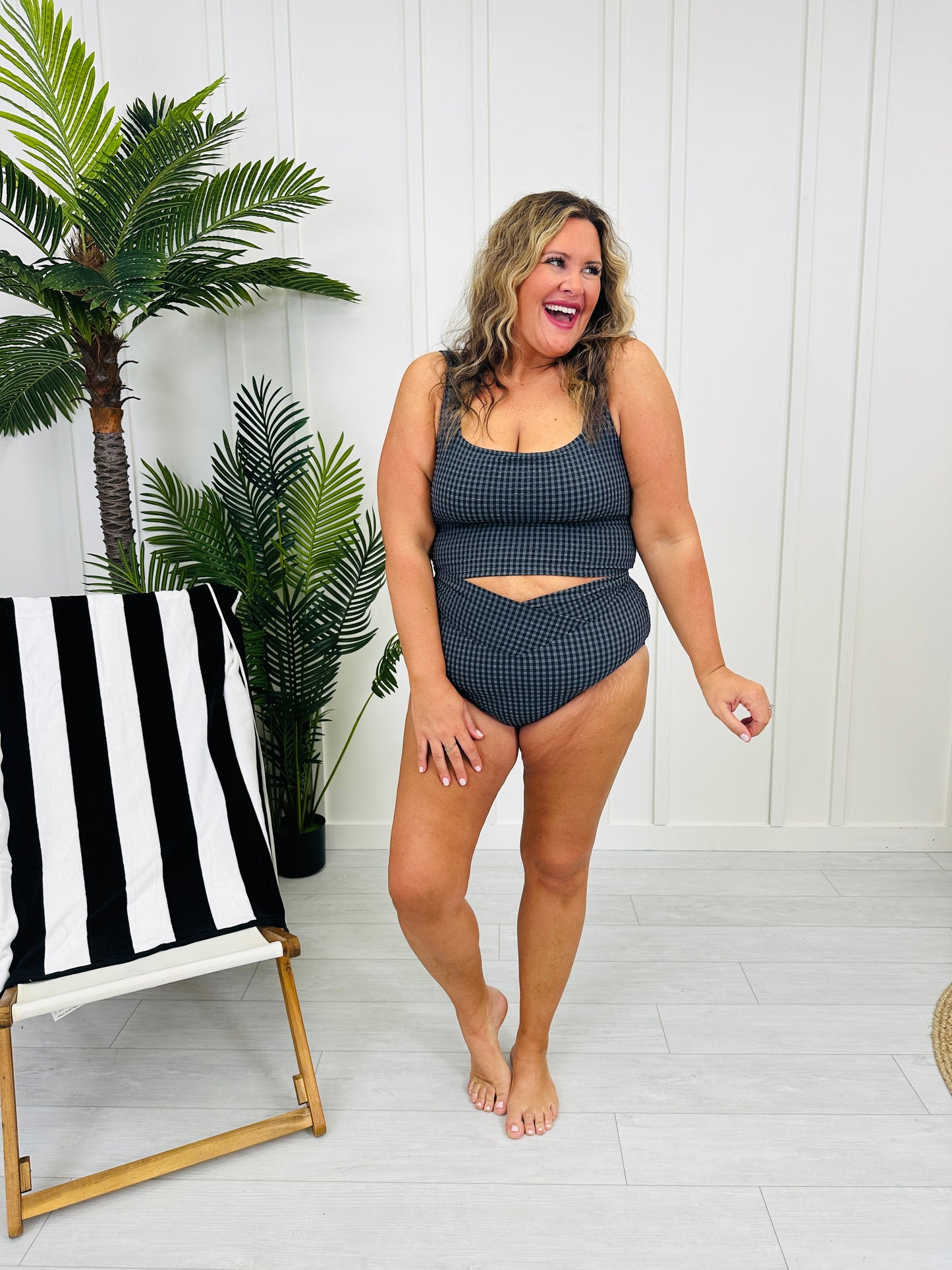 The Olivia Swim Top In Black/Charcoal Gingham
