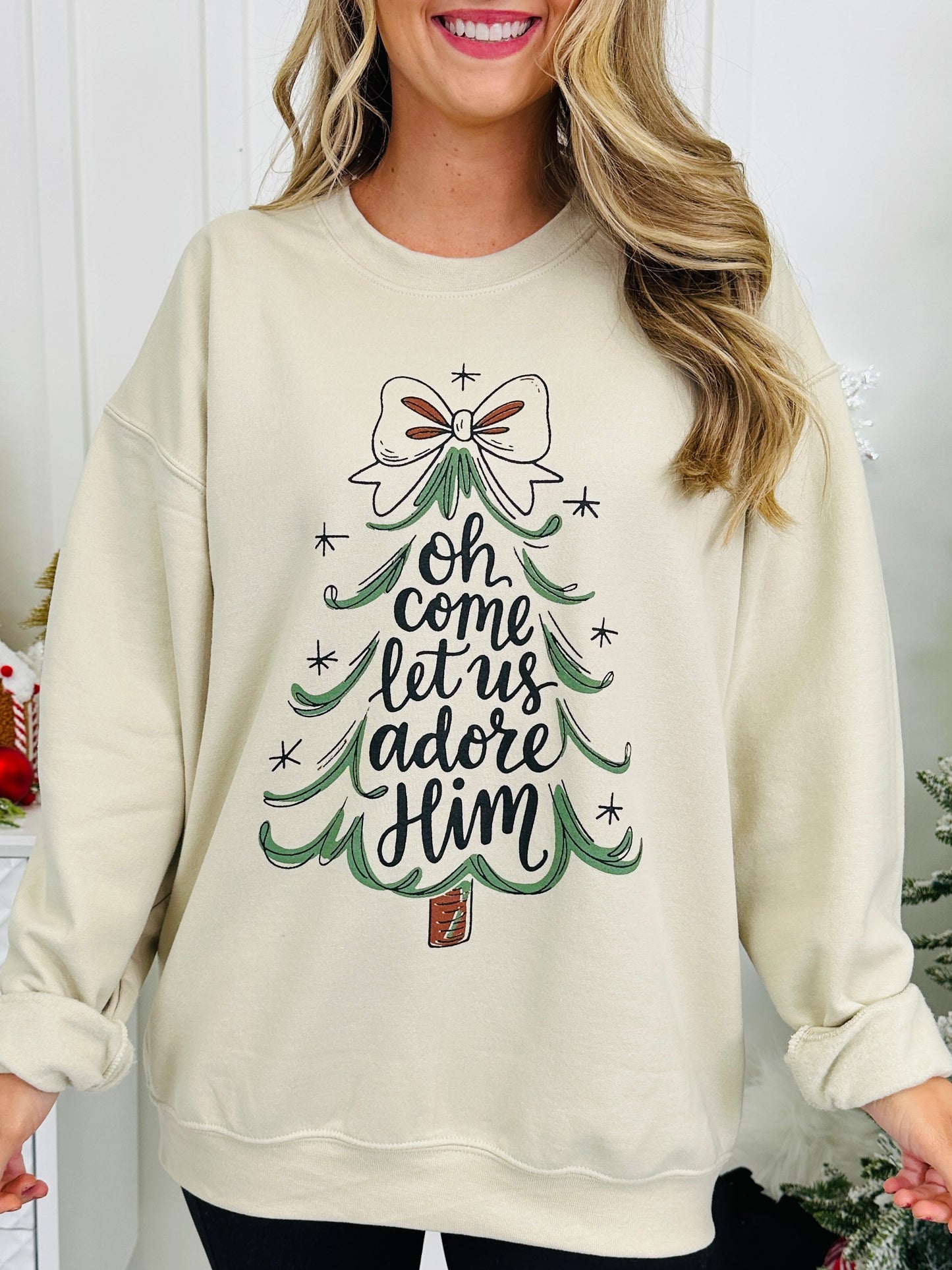 Oh Come Let Us Adore Him Graphic Crewneck Sweatshirt