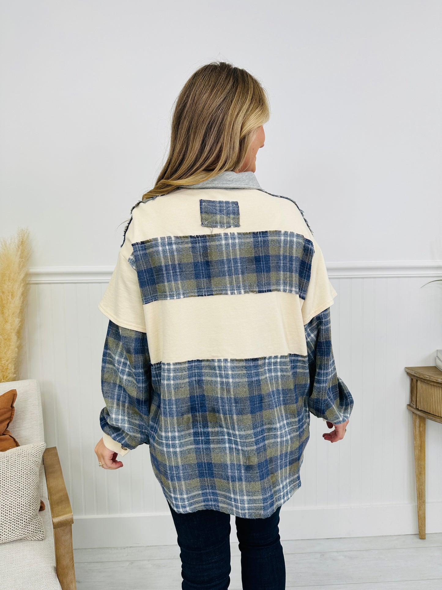 Plaid Replies Only Pullover in Cream Blue