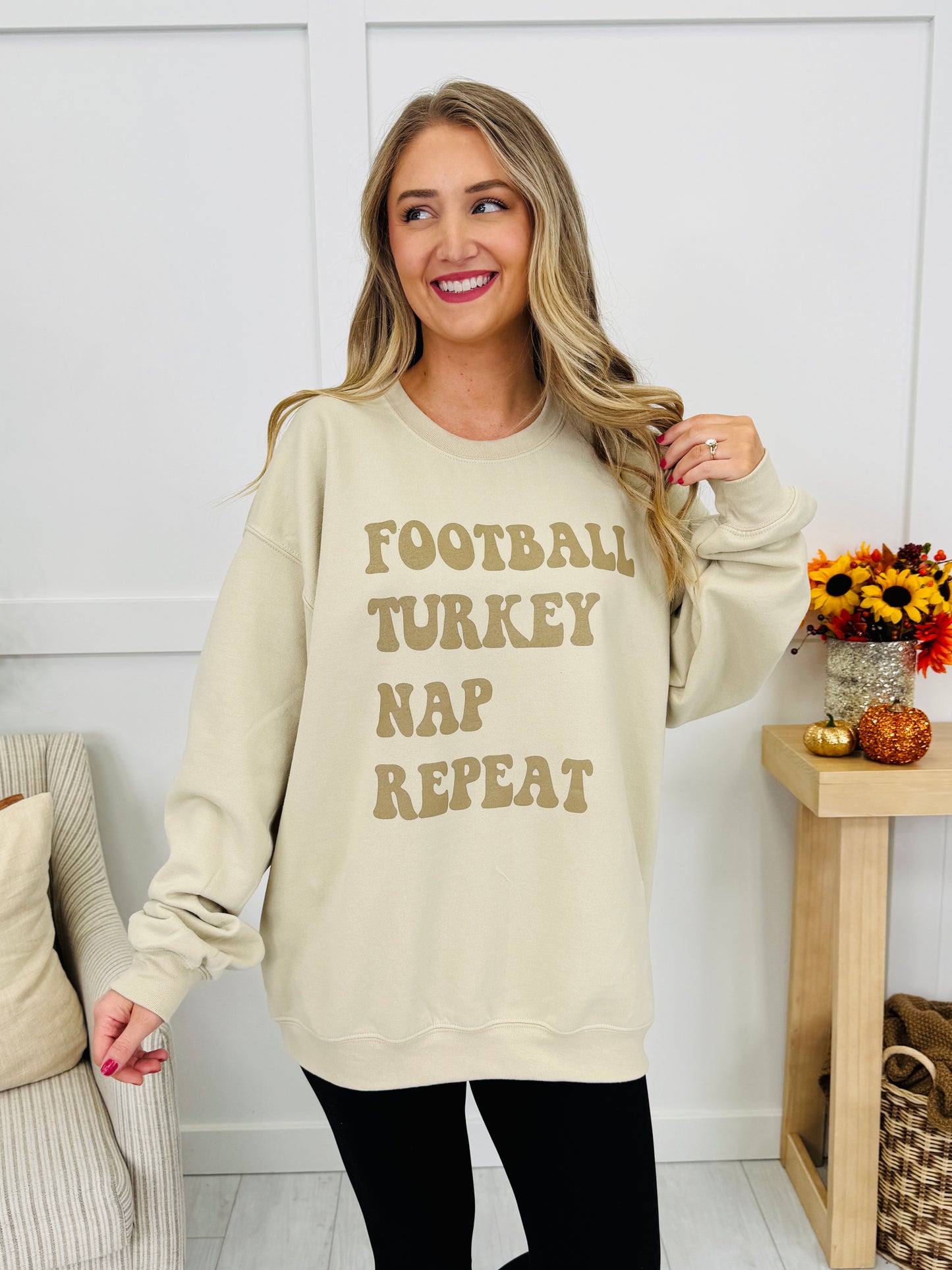 Football Turkey Nap Repeat Graphic Crewneck Sweatshirt