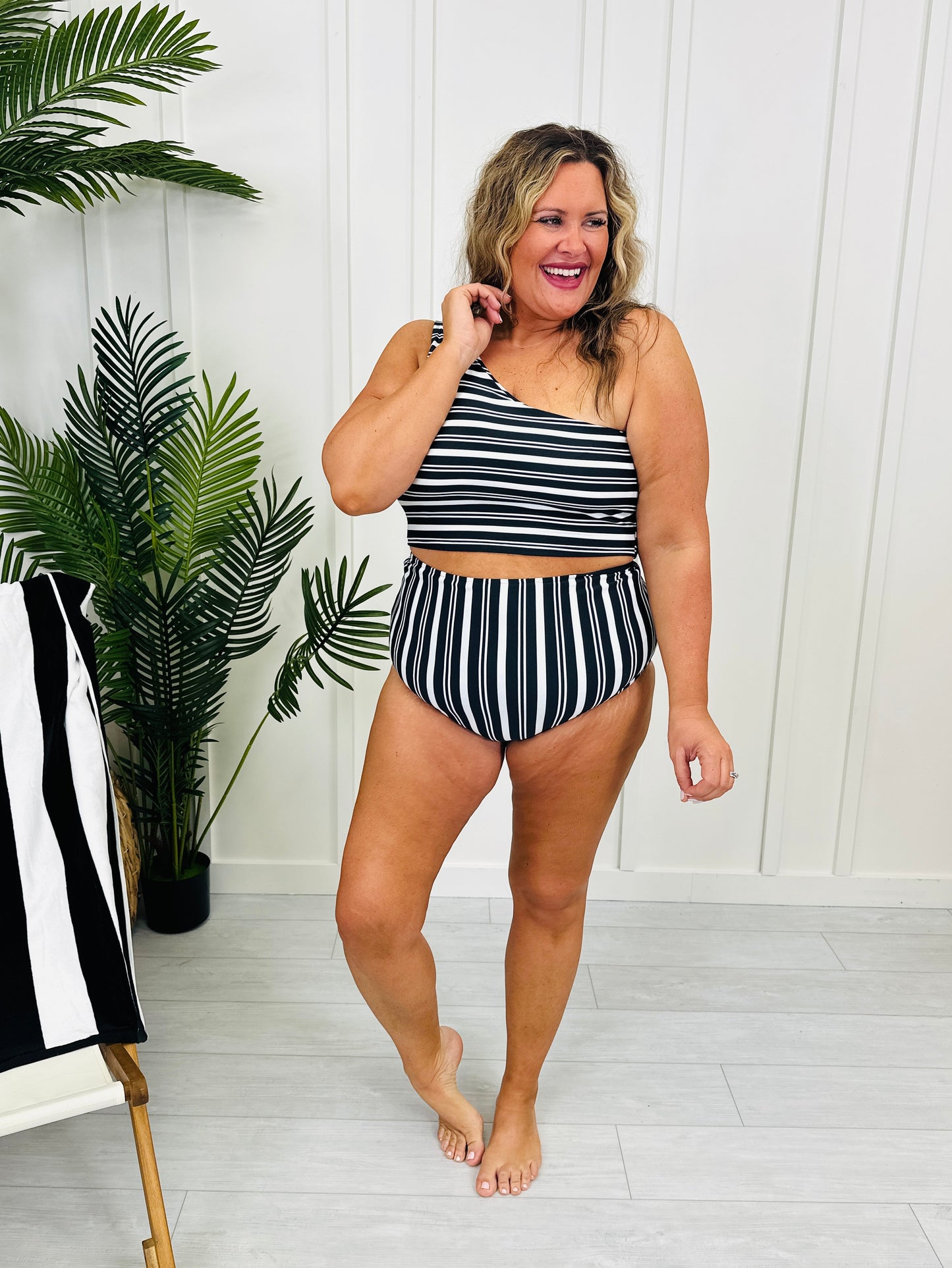 High Rise Reversible Swim Bottoms In Black/White Stripe