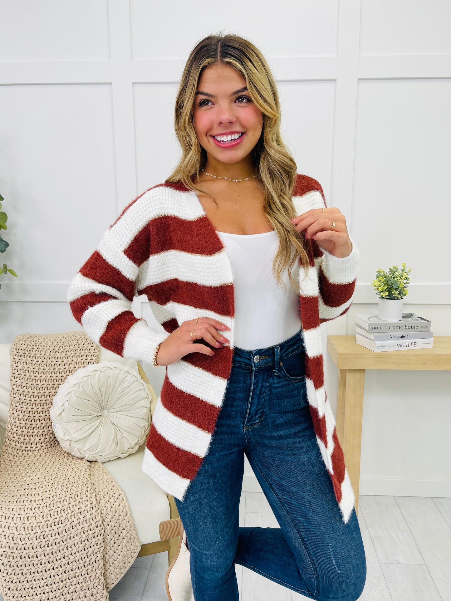 Wrapped In Stripes Cardigan In Burgundy