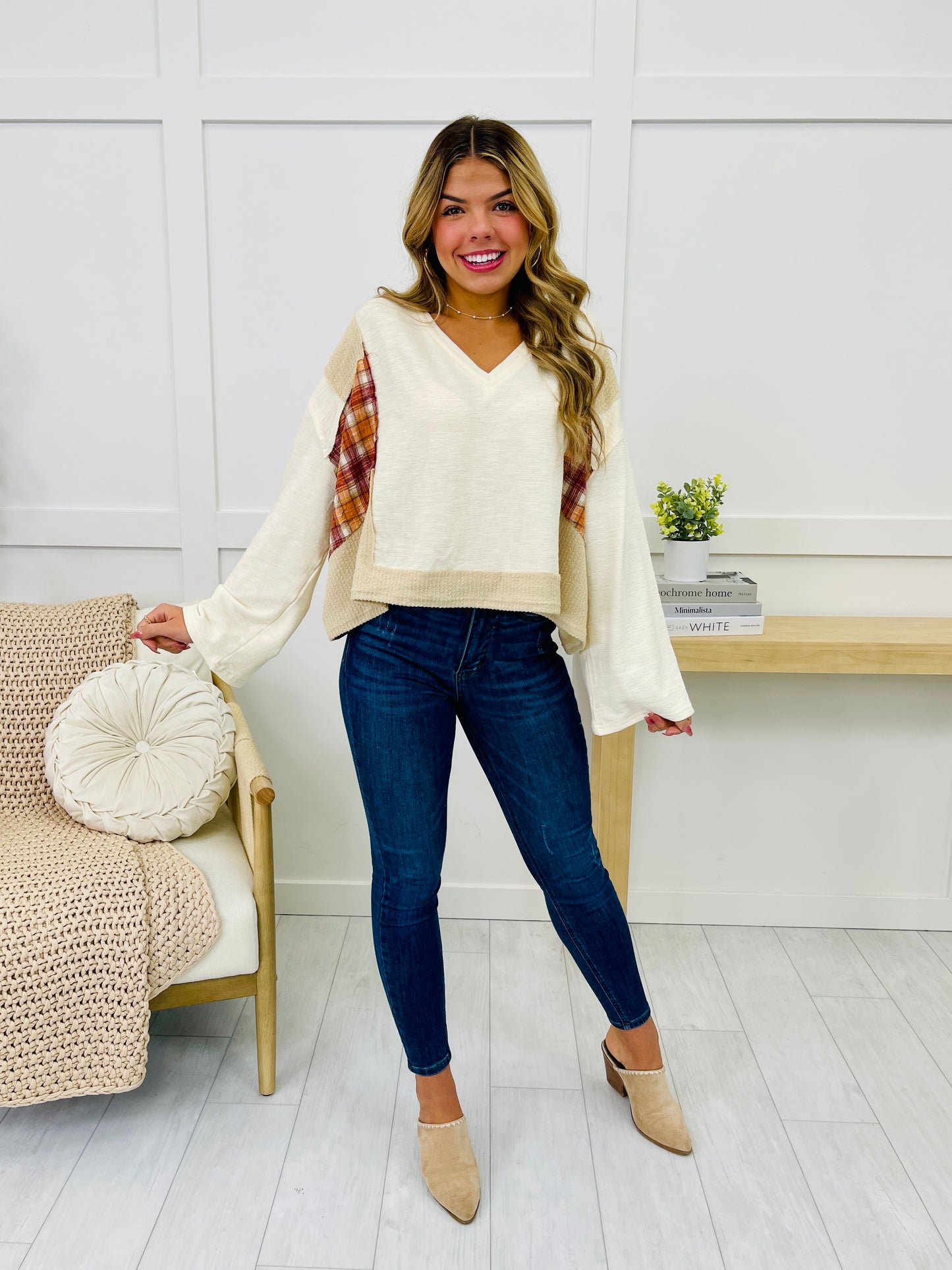 Plaid And Simple Pullover In Cream