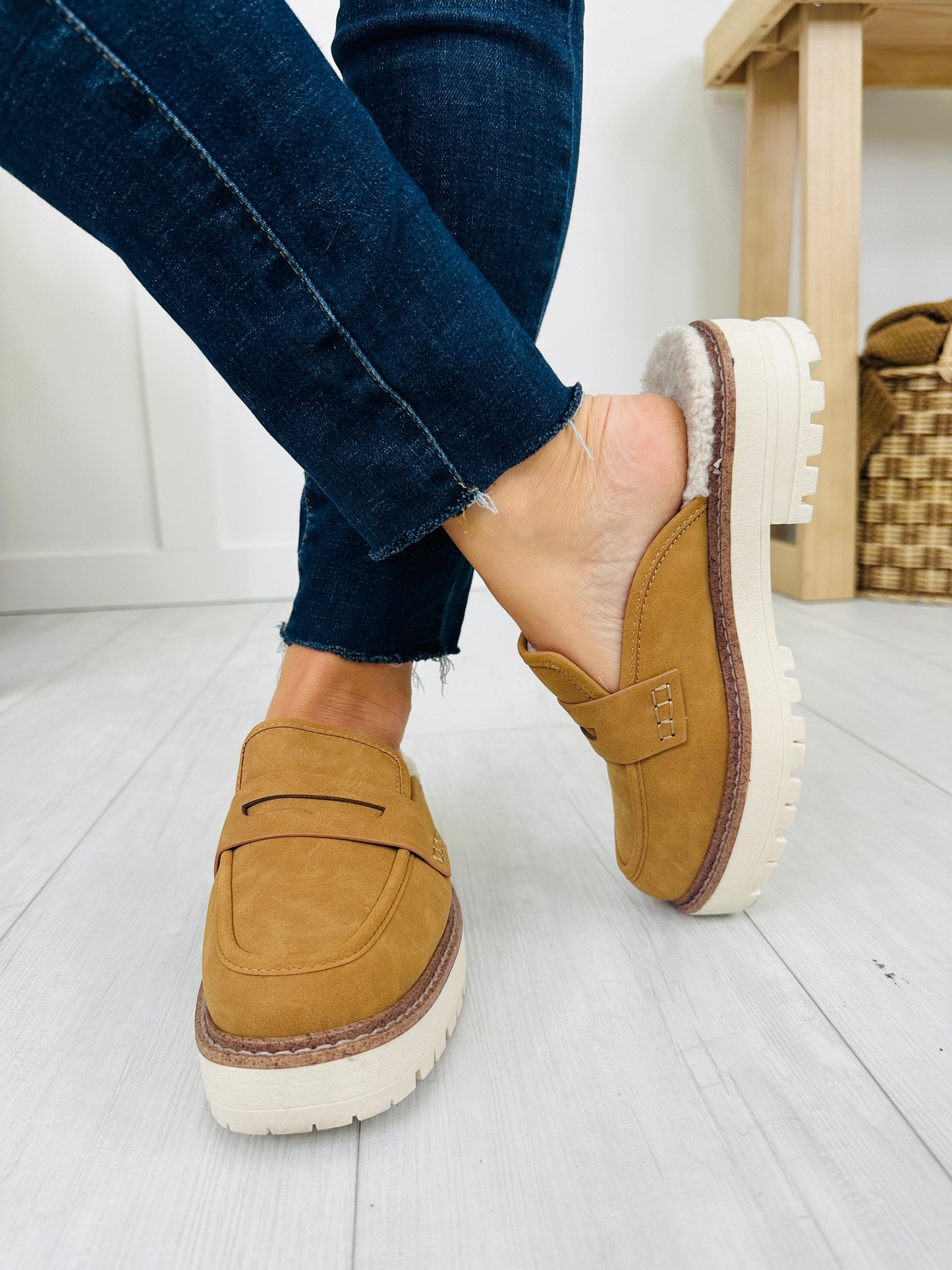 The Cozy Commander Mules in Almond
