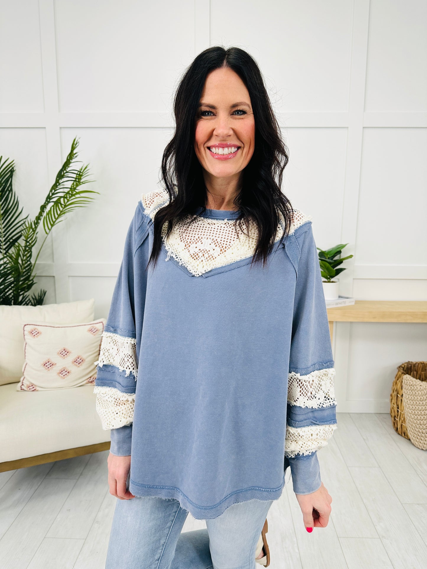 Lace In The Clouds Top In Washed Slate