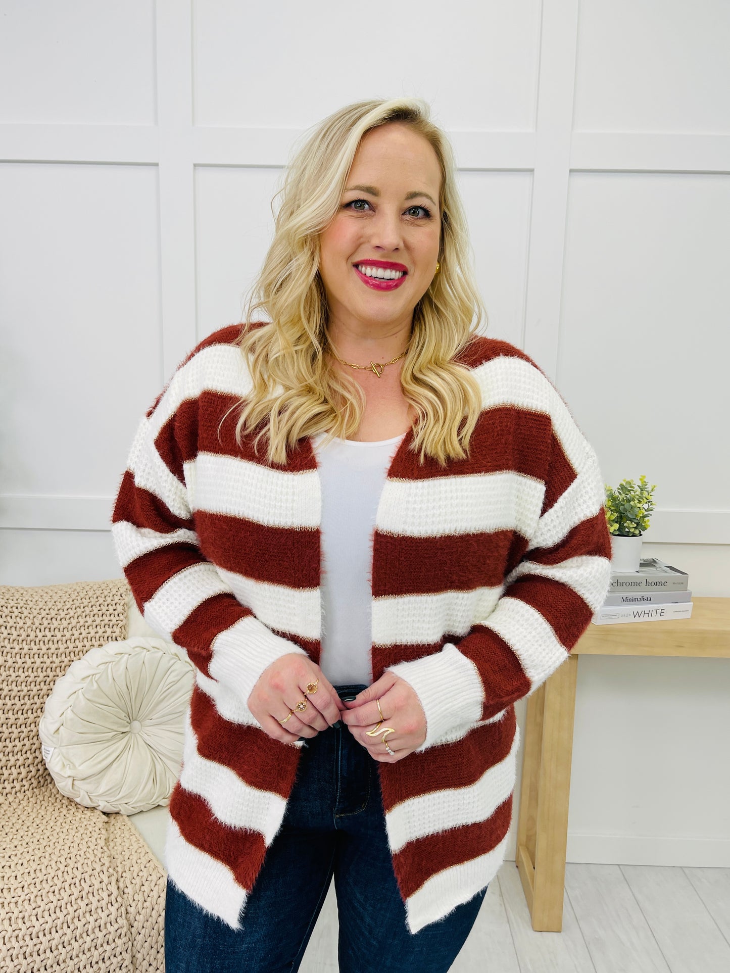 Wrapped In Stripes Cardigan In Burgundy