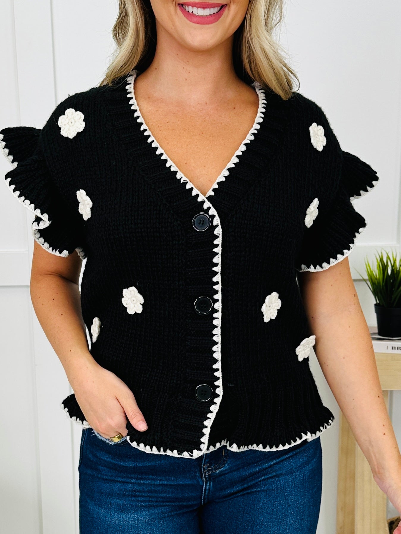 Buttoned Blooms Cardigan in Black