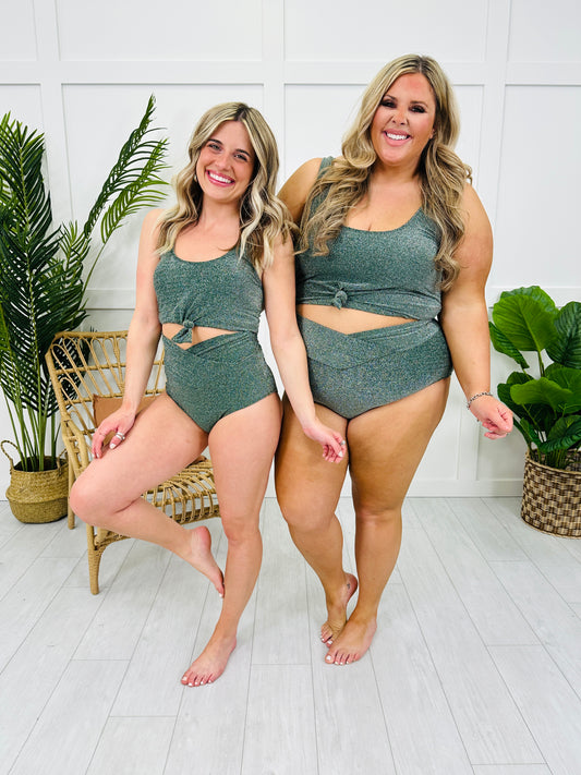 High Waisted V-Cut Swim Bottoms in Emerald Shimmer