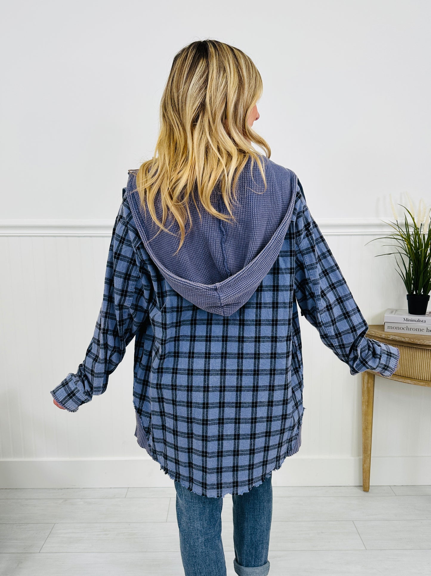 Falling for Flannel Hooded Shacket in Blue