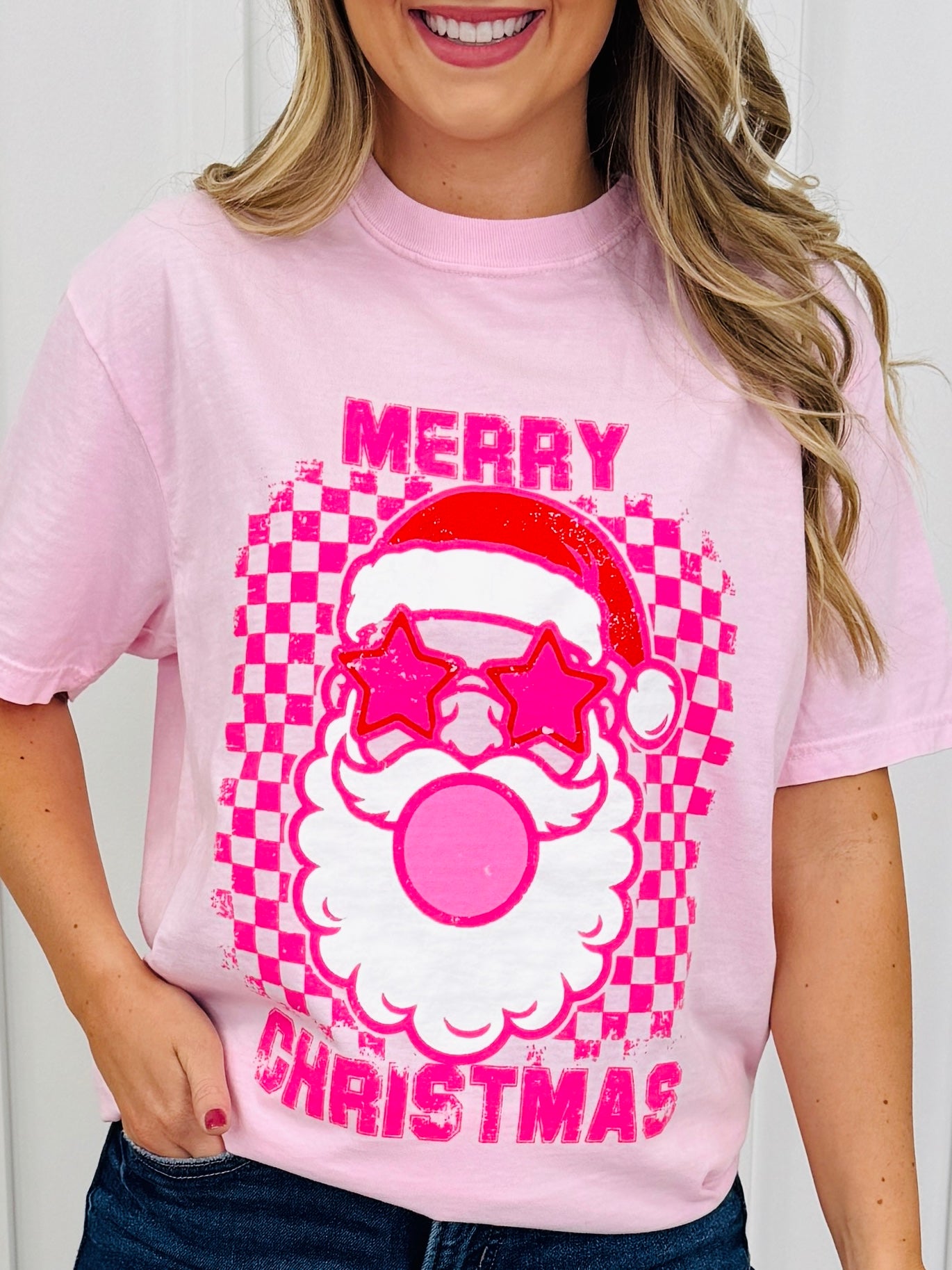 Merry Christmas Checkered Bubblegum Graphic Tee