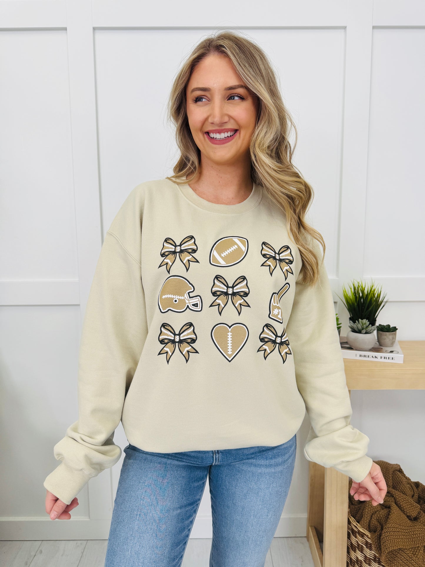 Football And Bows Graphic Crewneck Sweatshirt