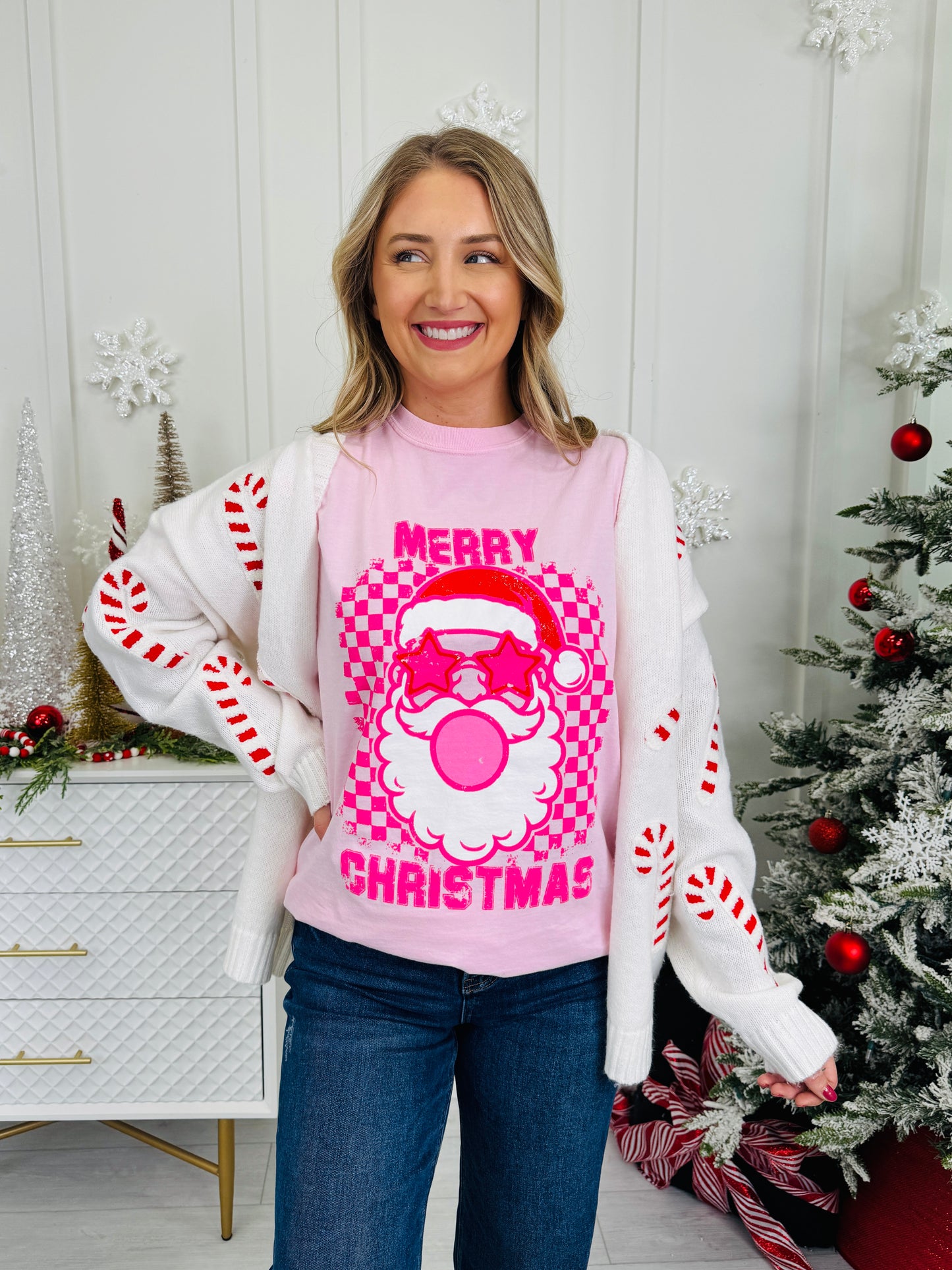 Merry Christmas Checkered Bubblegum Graphic Tee