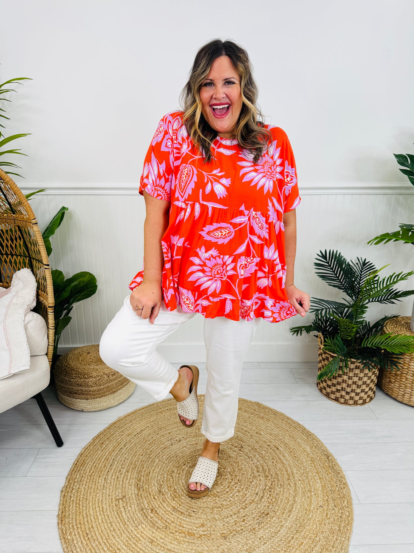 Floral Fiesta Top In Hot Coral