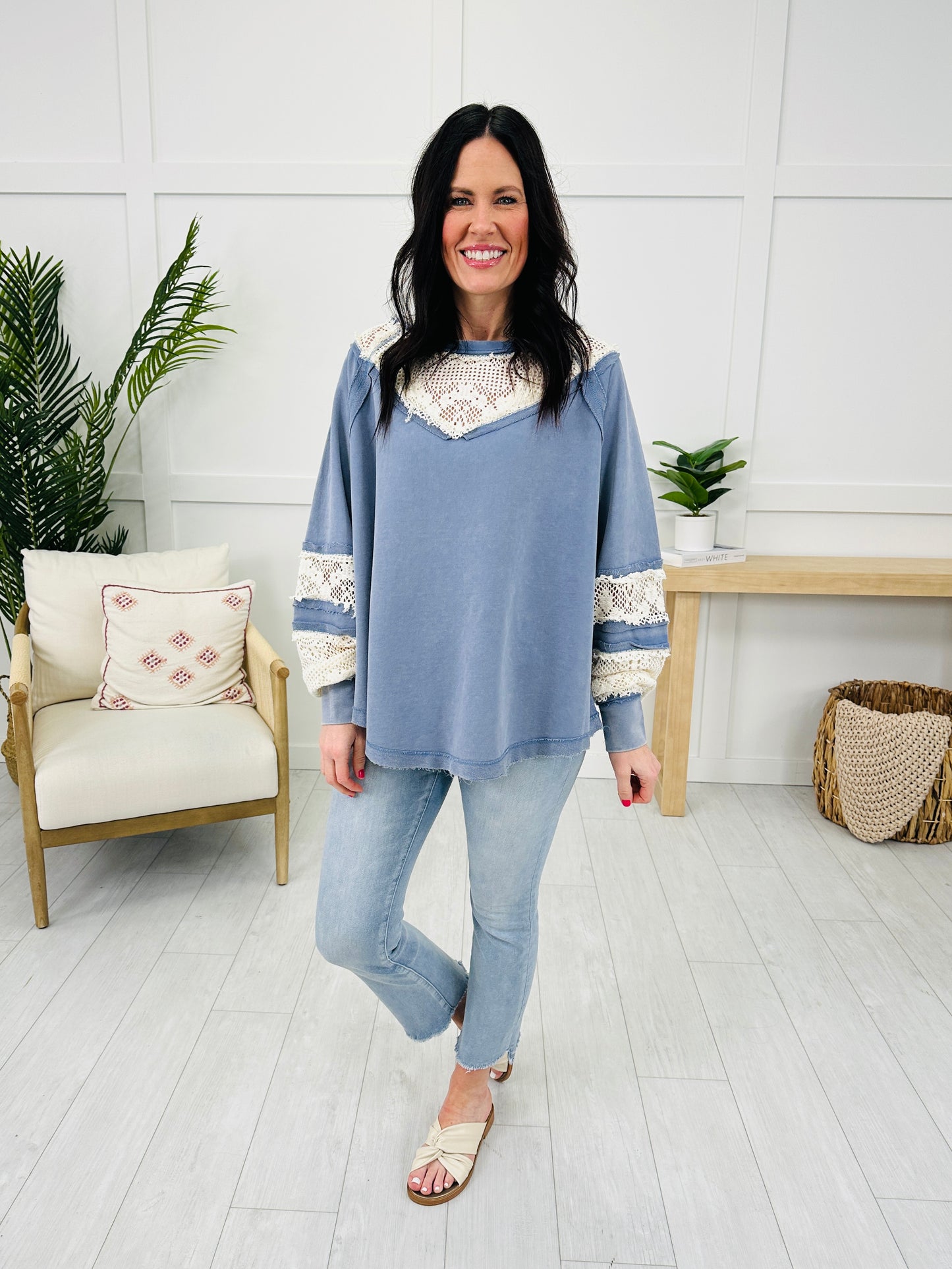 Lace In The Clouds Top In Washed Slate