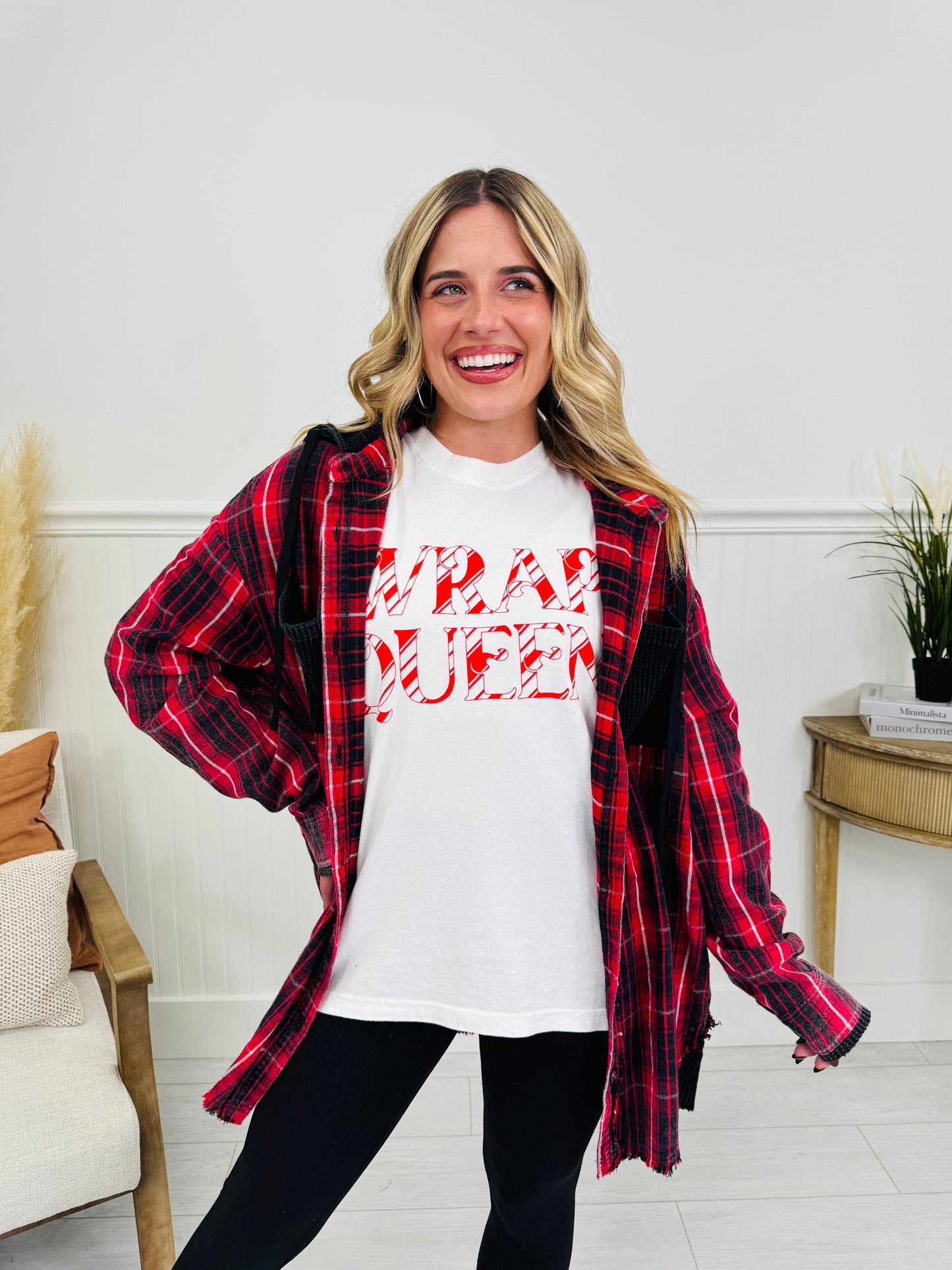 Falling For Flannel Hooded Shacket in Red
