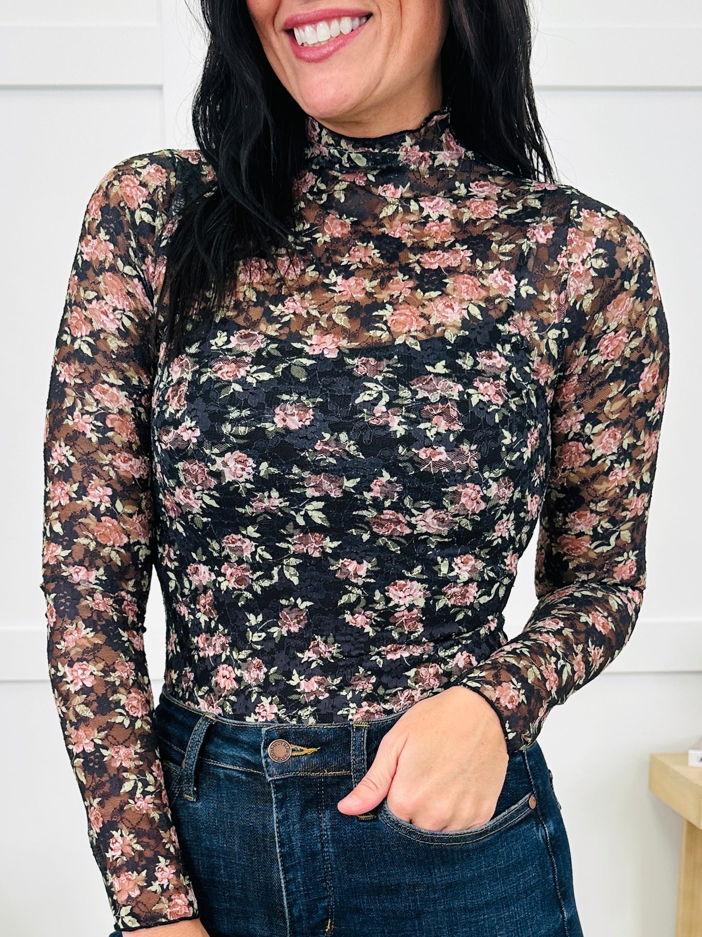 Sheer Fascination Top in Black Floral