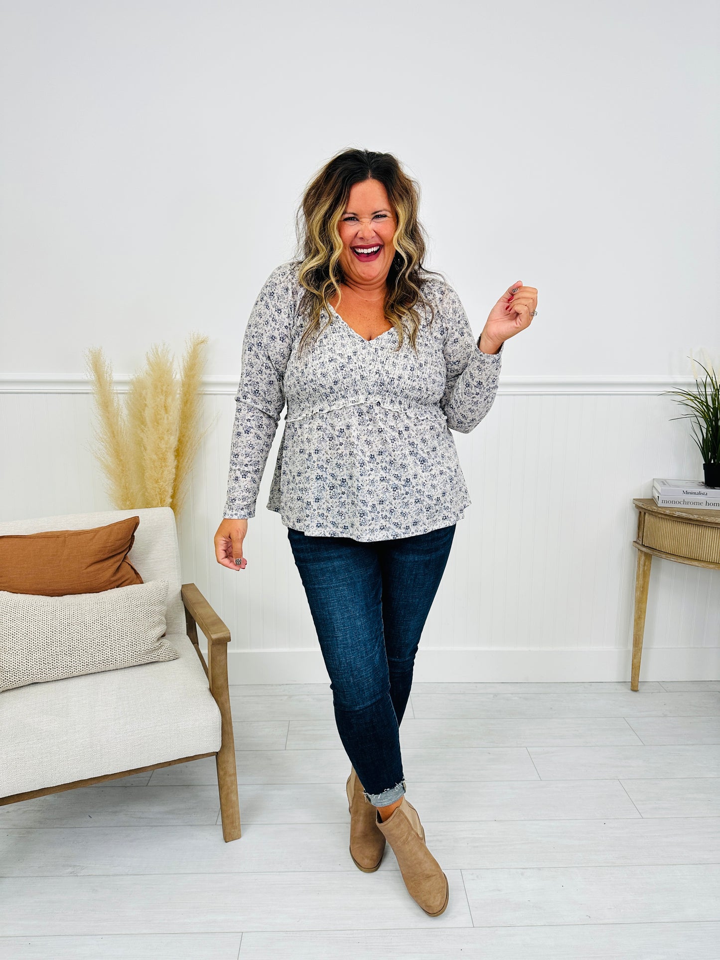 Perfectly Precious Top In Grey Floral Print