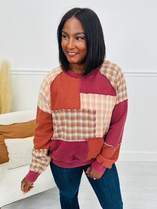 Patching Things Up Pullover in Burgundy