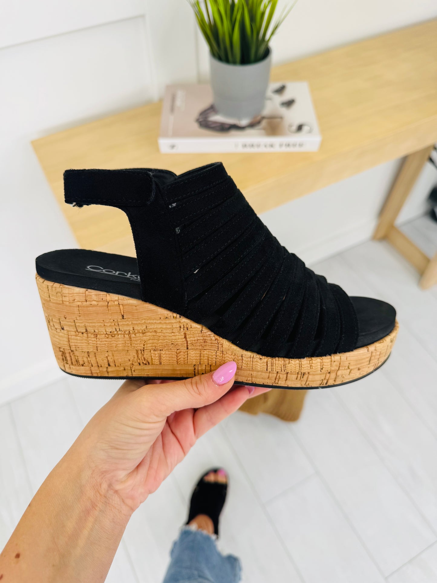 Elevated Stunner Wedges In Black Faux Suede