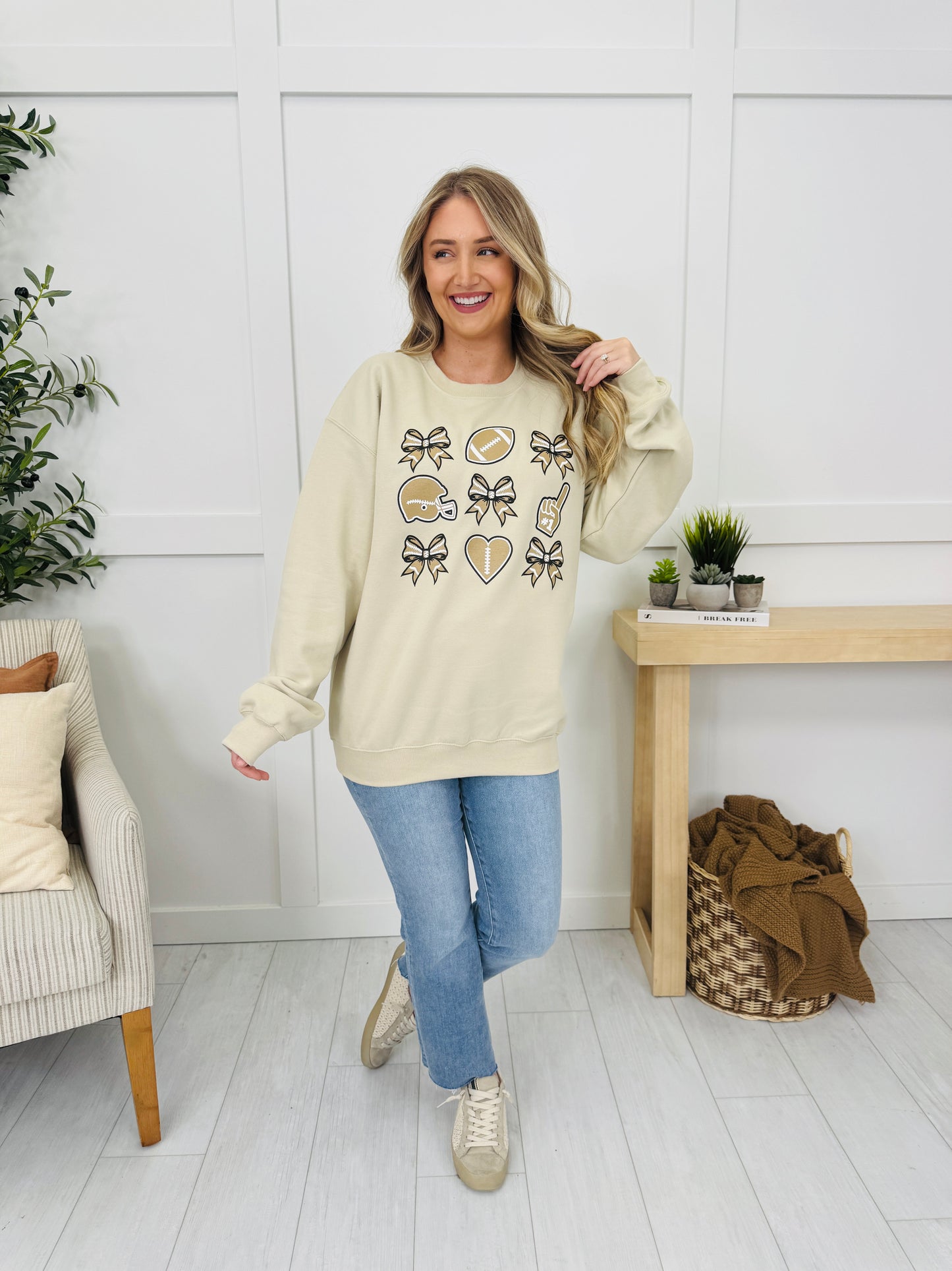 Football And Bows Graphic Crewneck Sweatshirt