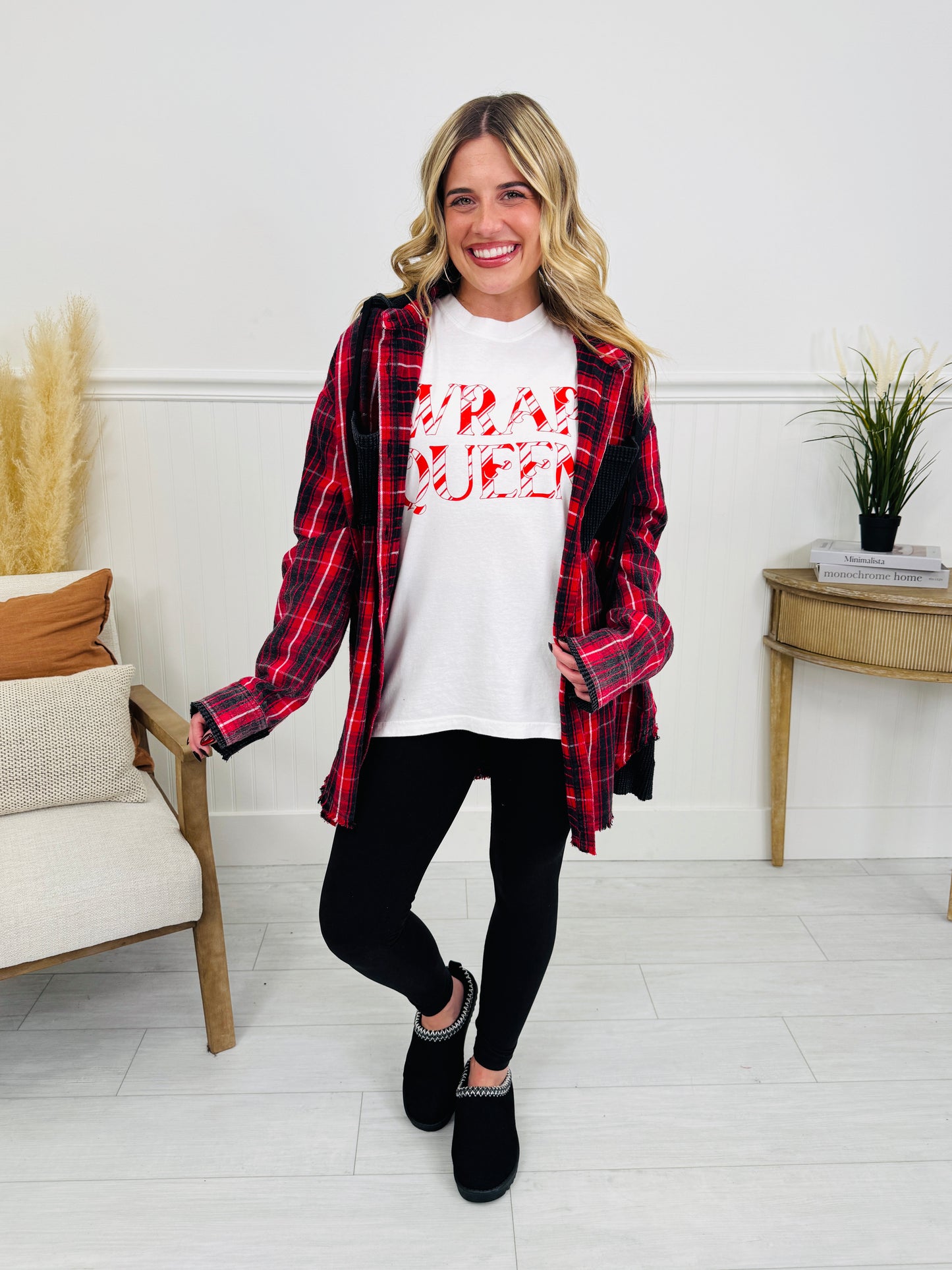 Falling For Flannel Hooded Shacket in Red