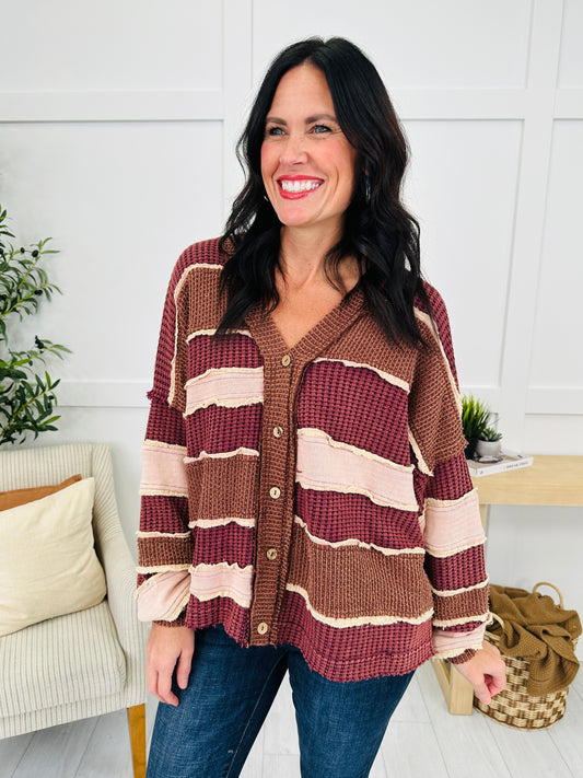 Gathered Stripes Cardigan in Wine Combo