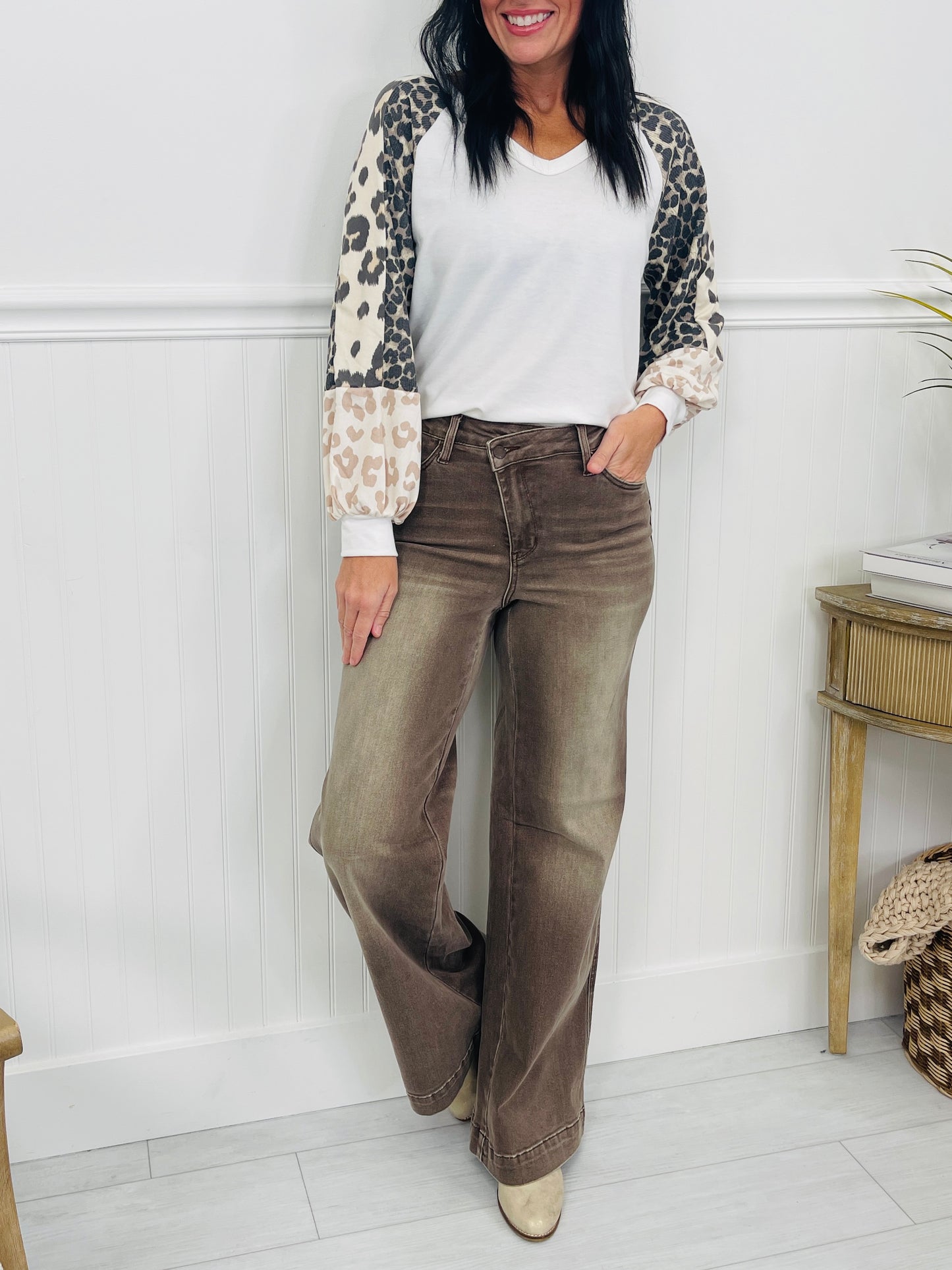 Judy Blue Cocoa Crush Retro Wide Leg Criss-Cross Jeans