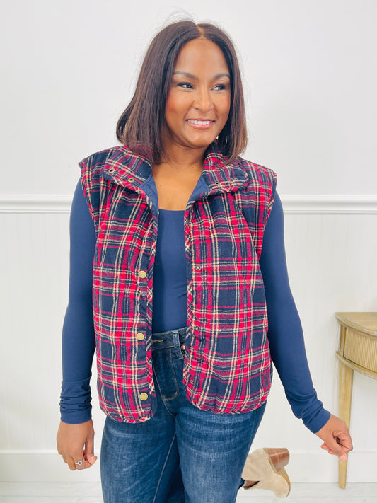Plaid Wishes Vest in Navy/Red