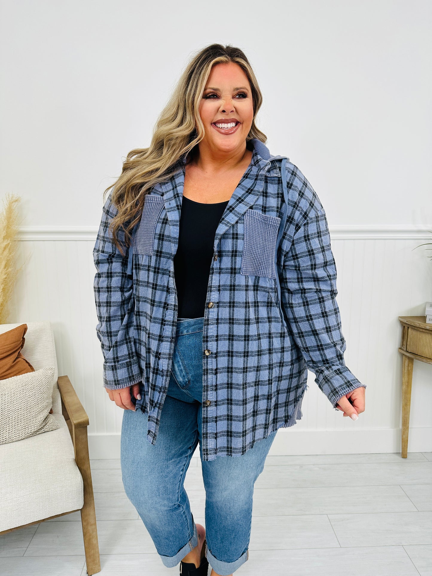 Falling for Flannel Hooded Shacket in Blue