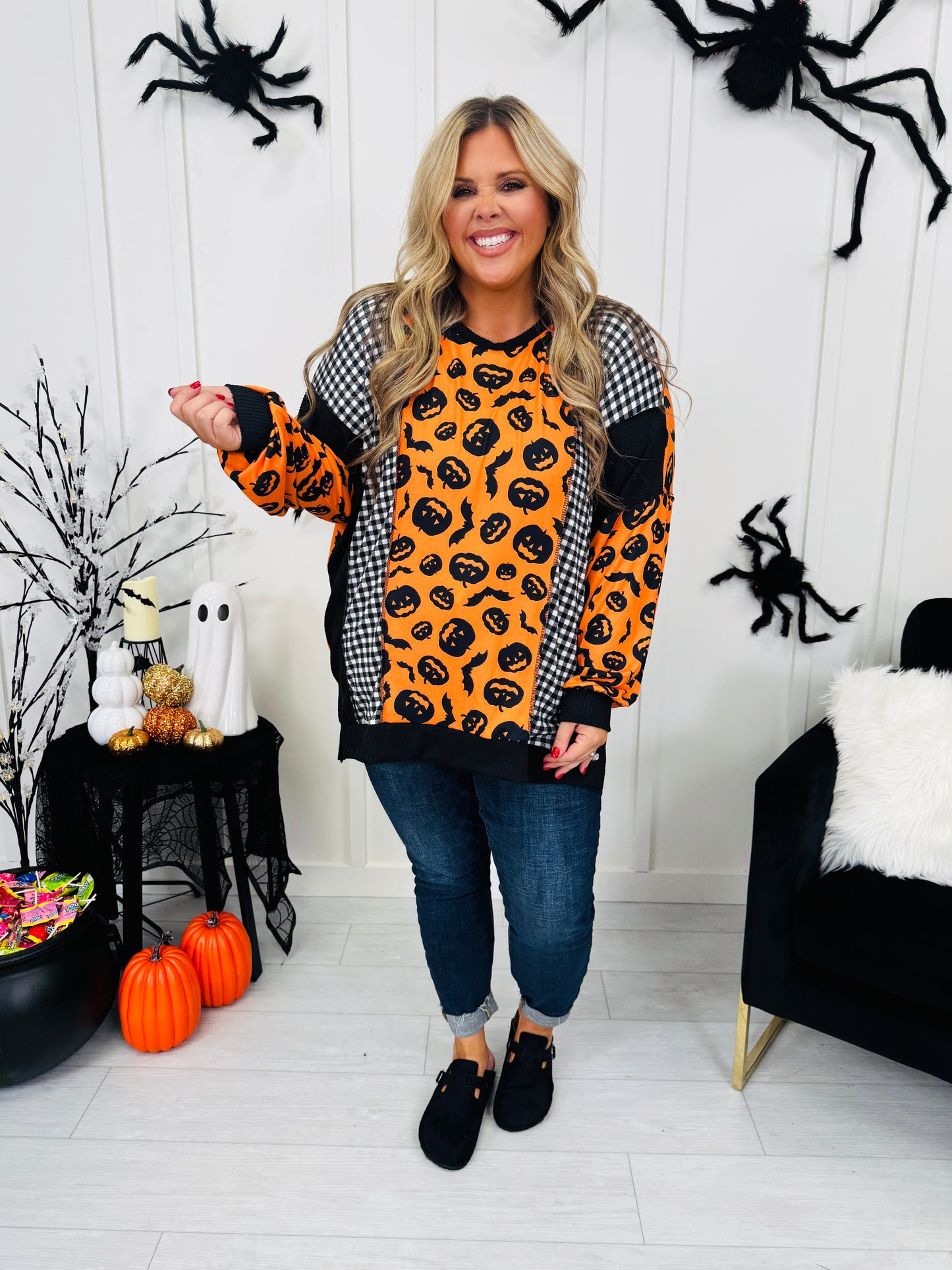 All Things Spooky Top In Pumpkin Print