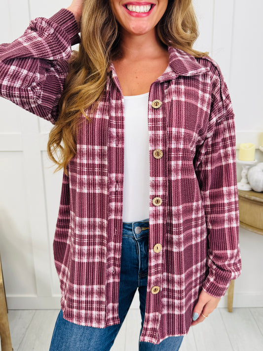 Flannel Forecast Shacket In Burgundy