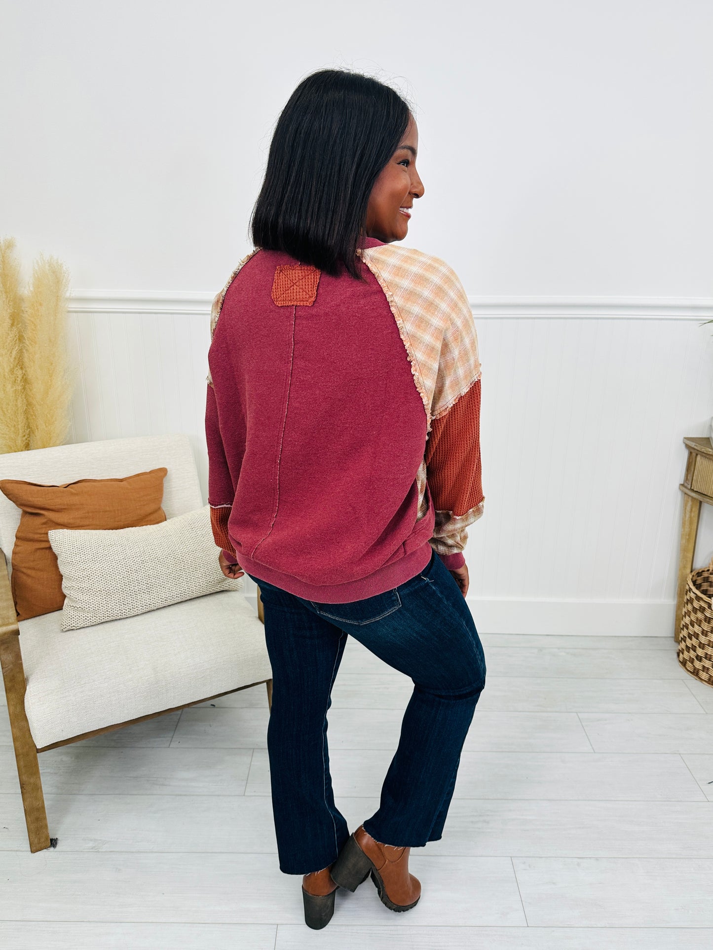 Patching Things Up Pullover in Burgundy