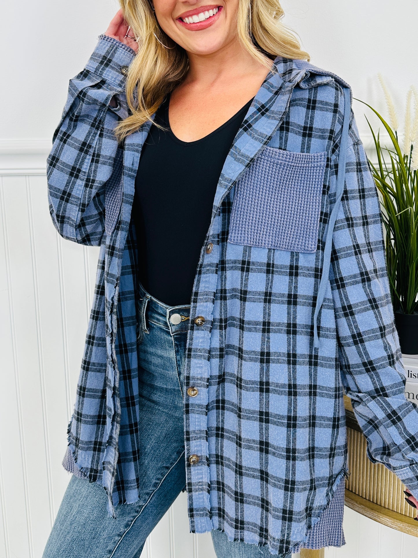 Falling for Flannel Hooded Shacket in Blue