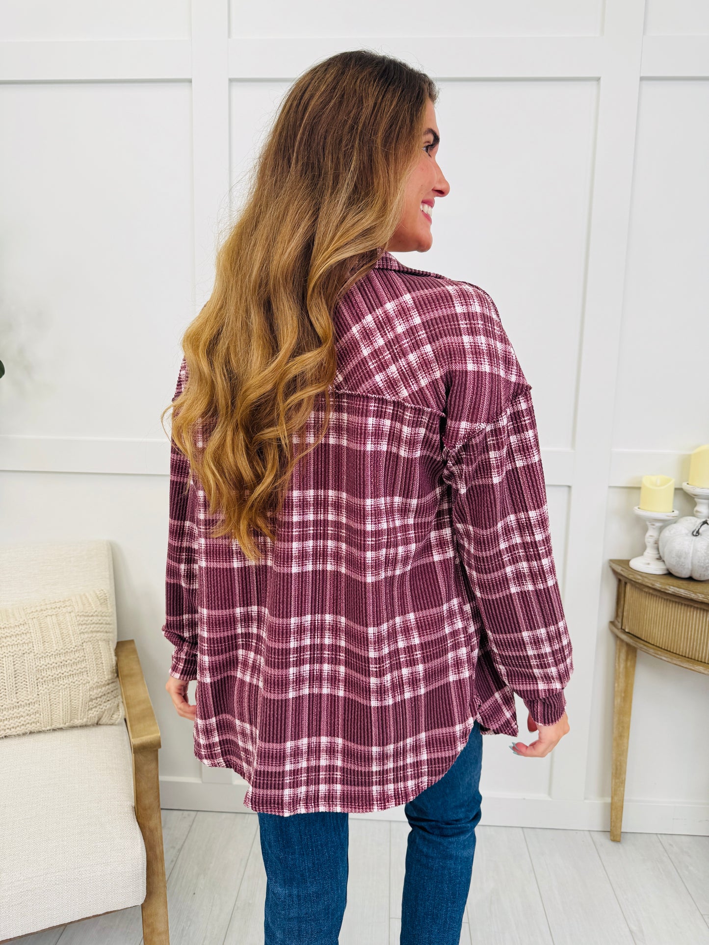 Flannel Forecast Shacket In Burgundy