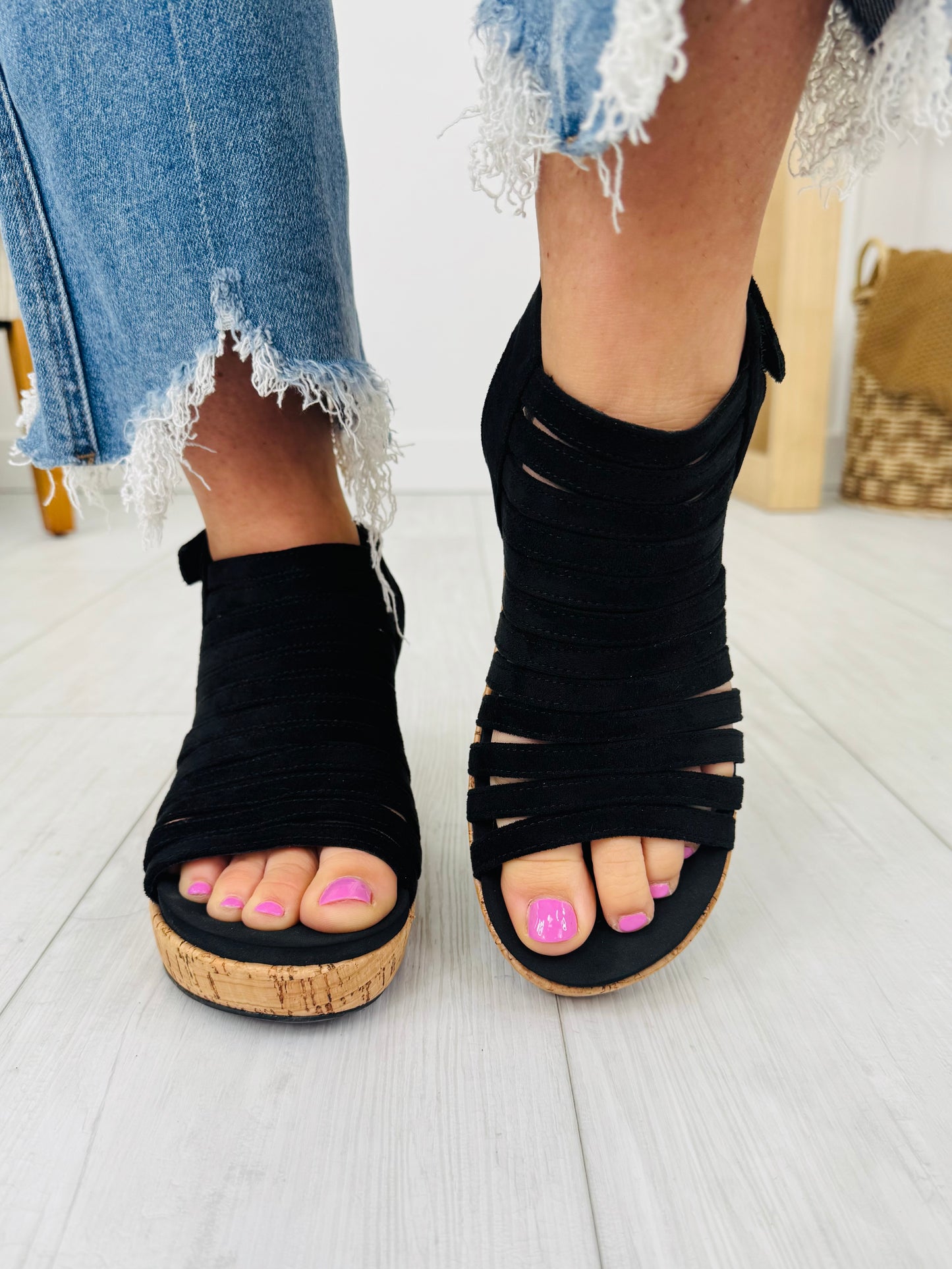 Elevated Stunner Wedges In Black Faux Suede