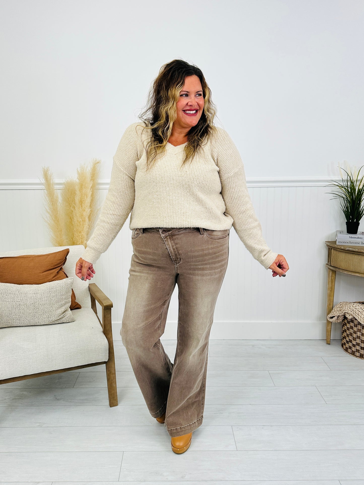 Judy Blue Cocoa Crush Retro Wide Leg Criss-Cross Jeans