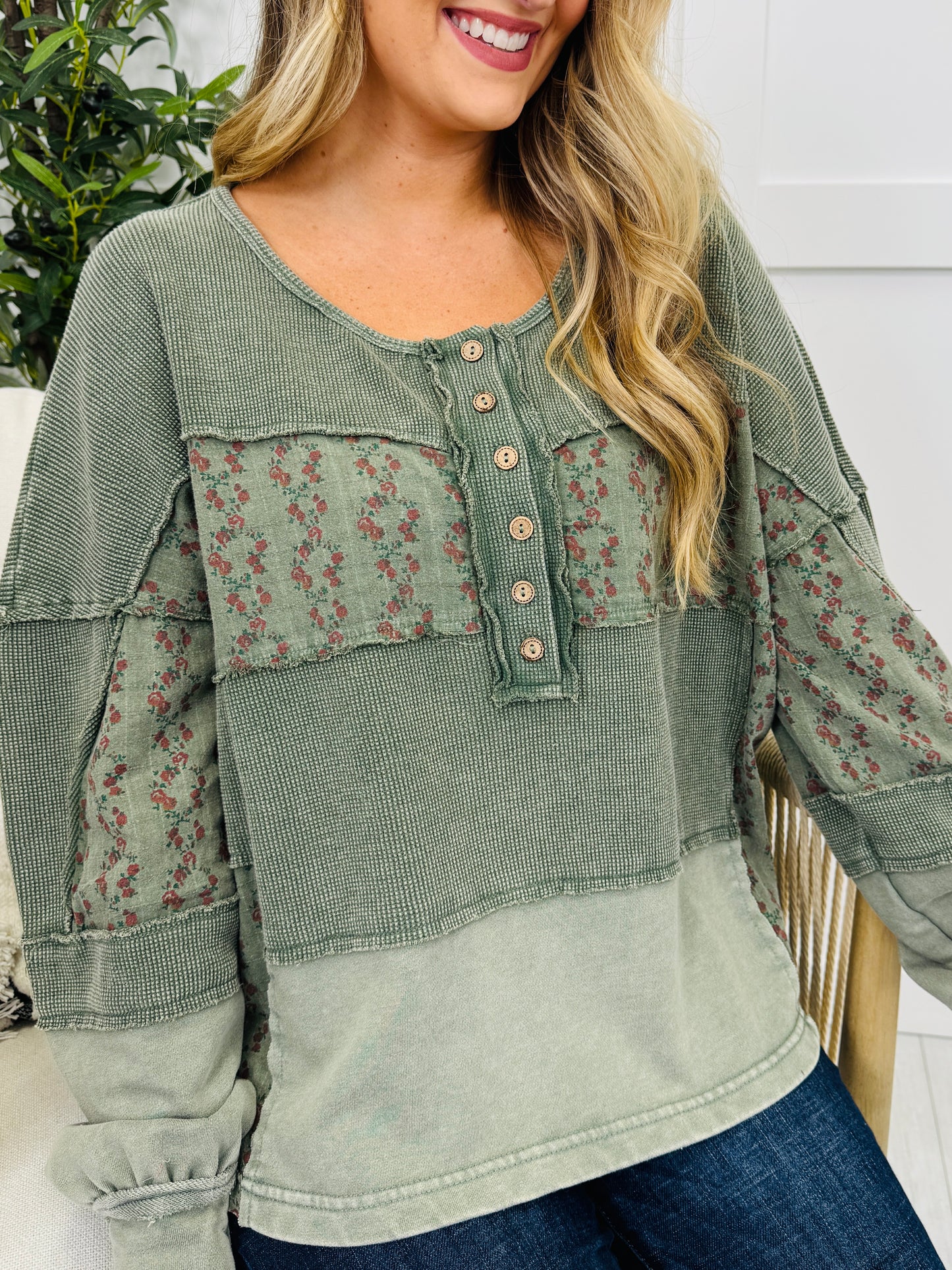 Faded Florals And Feels Top in Pine Green