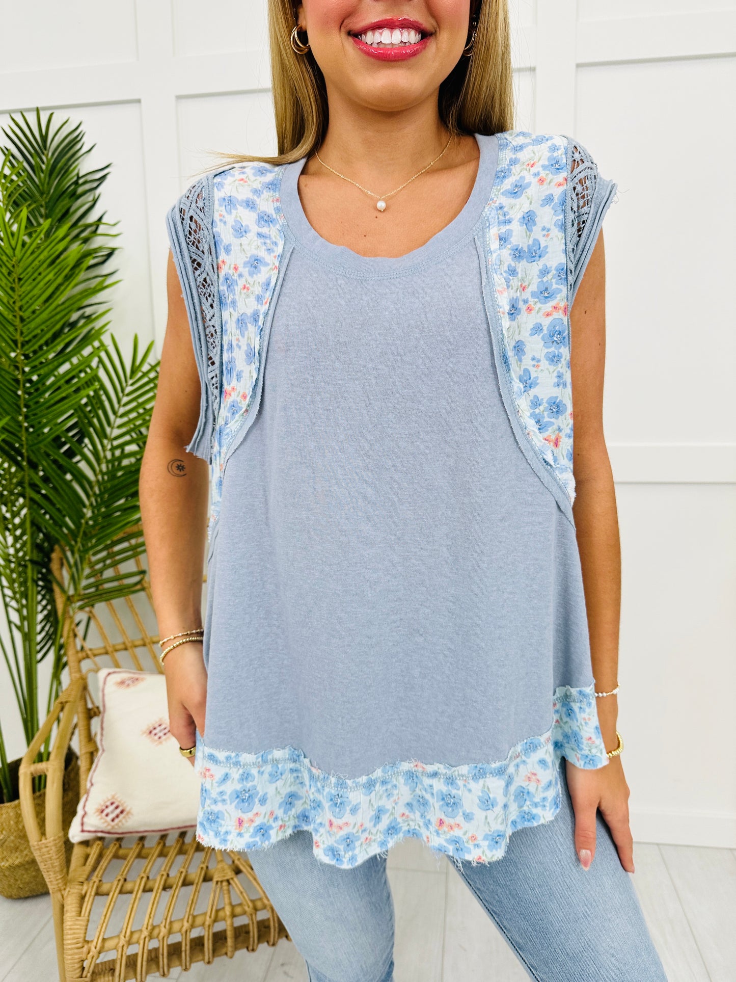 Floral Ember Top In Blue Grey