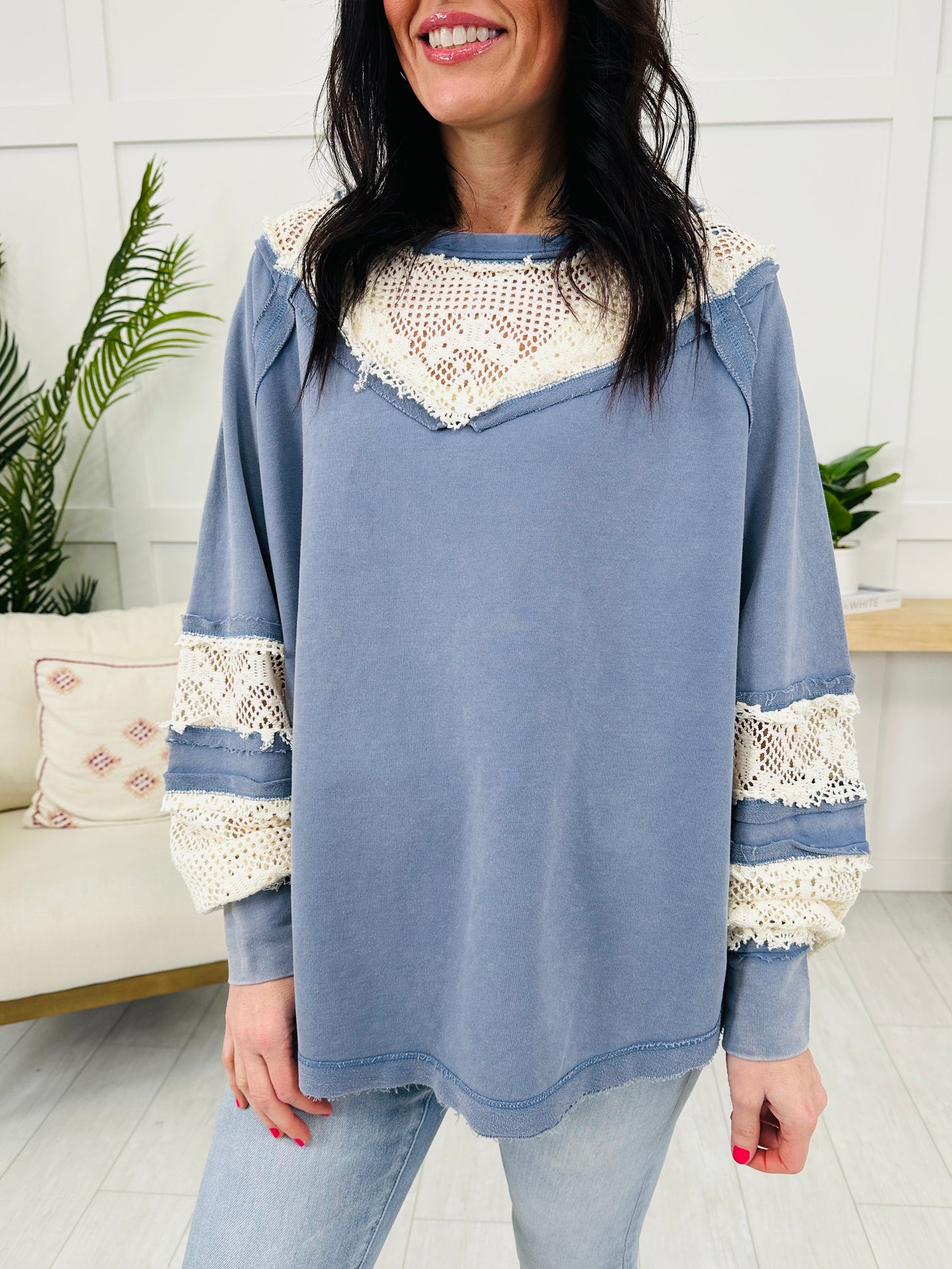Lace In The Clouds Top In Washed Slate