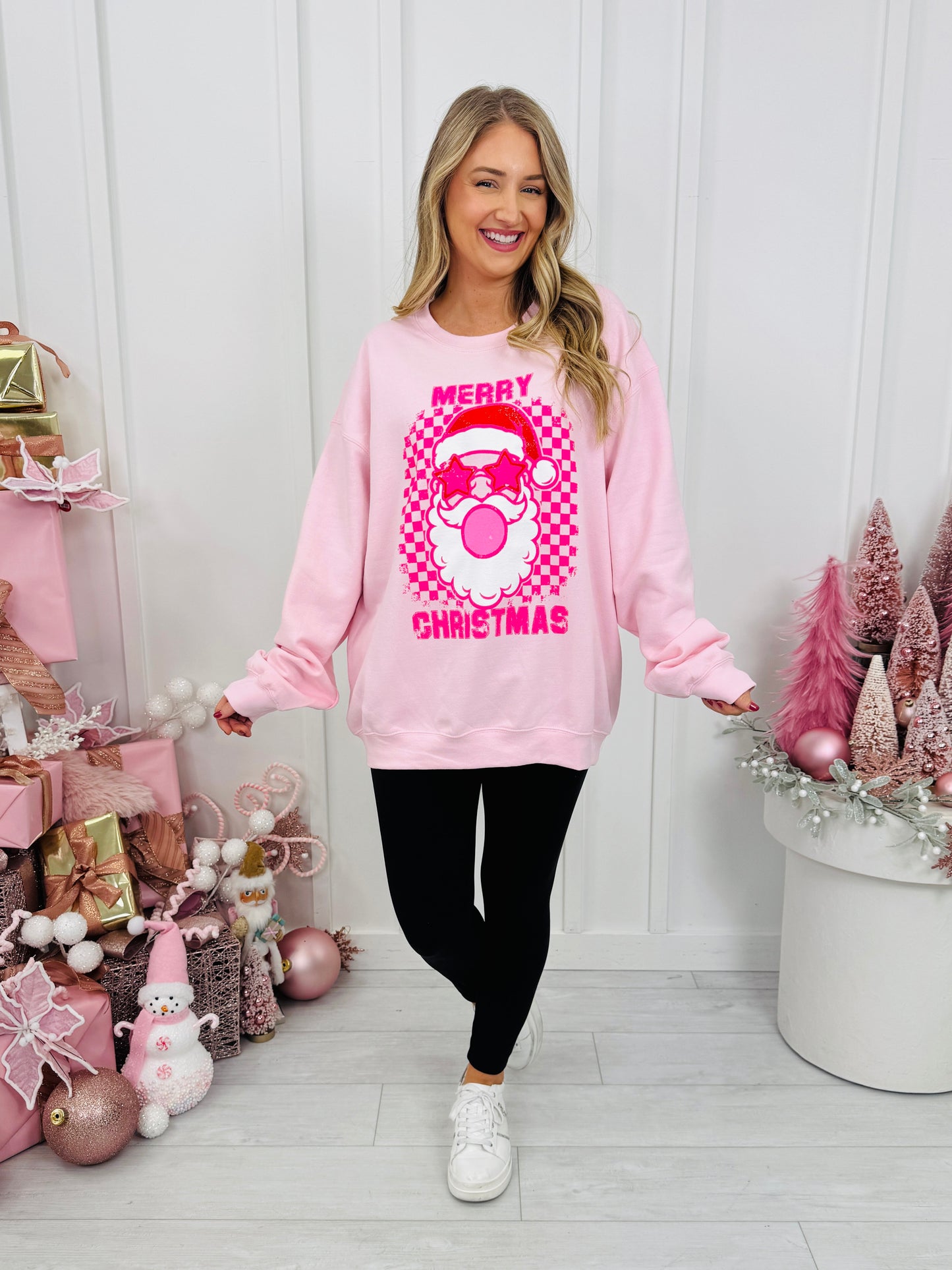 Merry Christmas Checkered Bubblegum Graphic Crewneck Sweatshirt