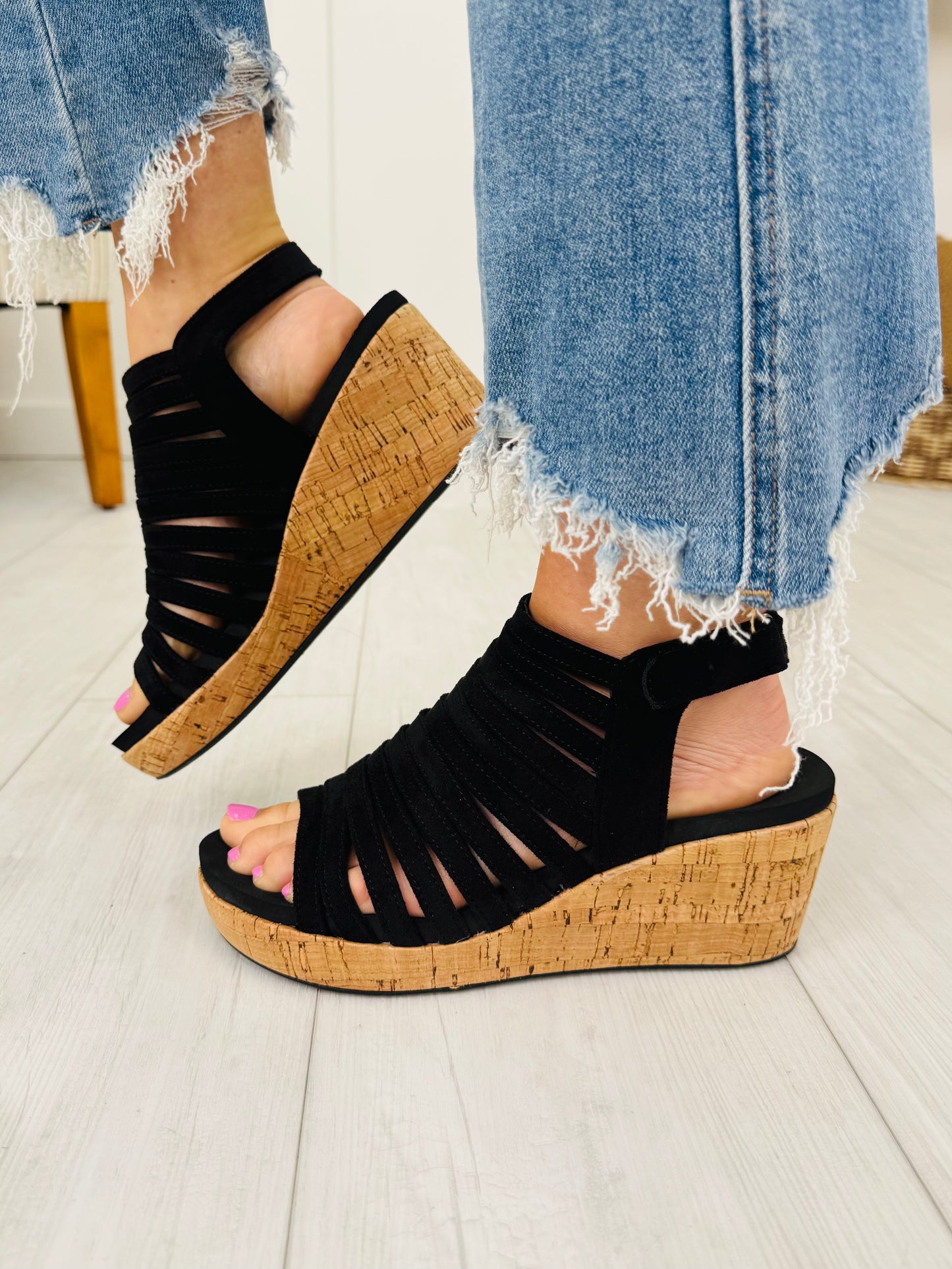 Elevated Stunner Wedges In Black Faux Suede