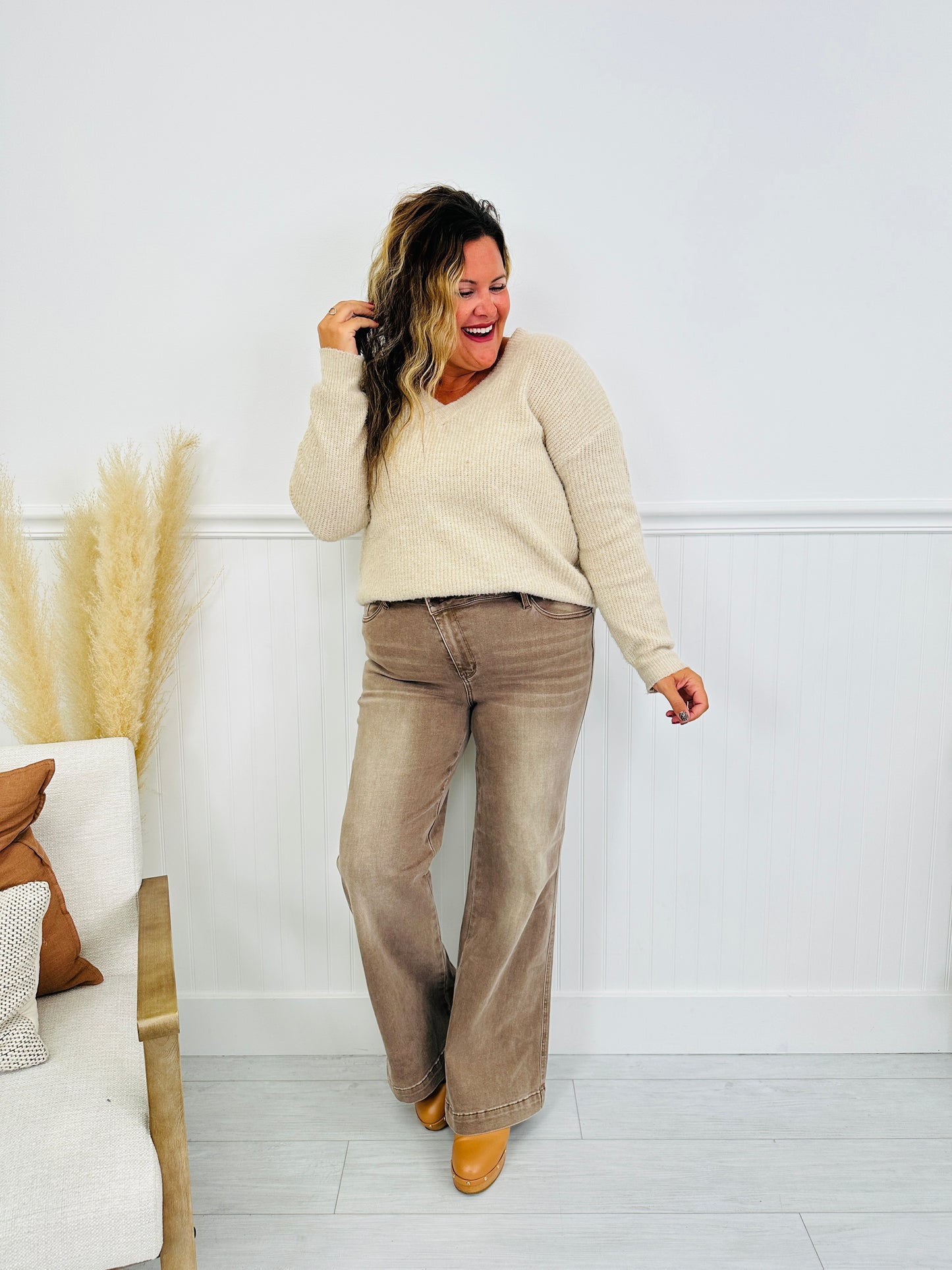 Judy Blue Cocoa Crush Retro Wide Leg Criss-Cross Jeans