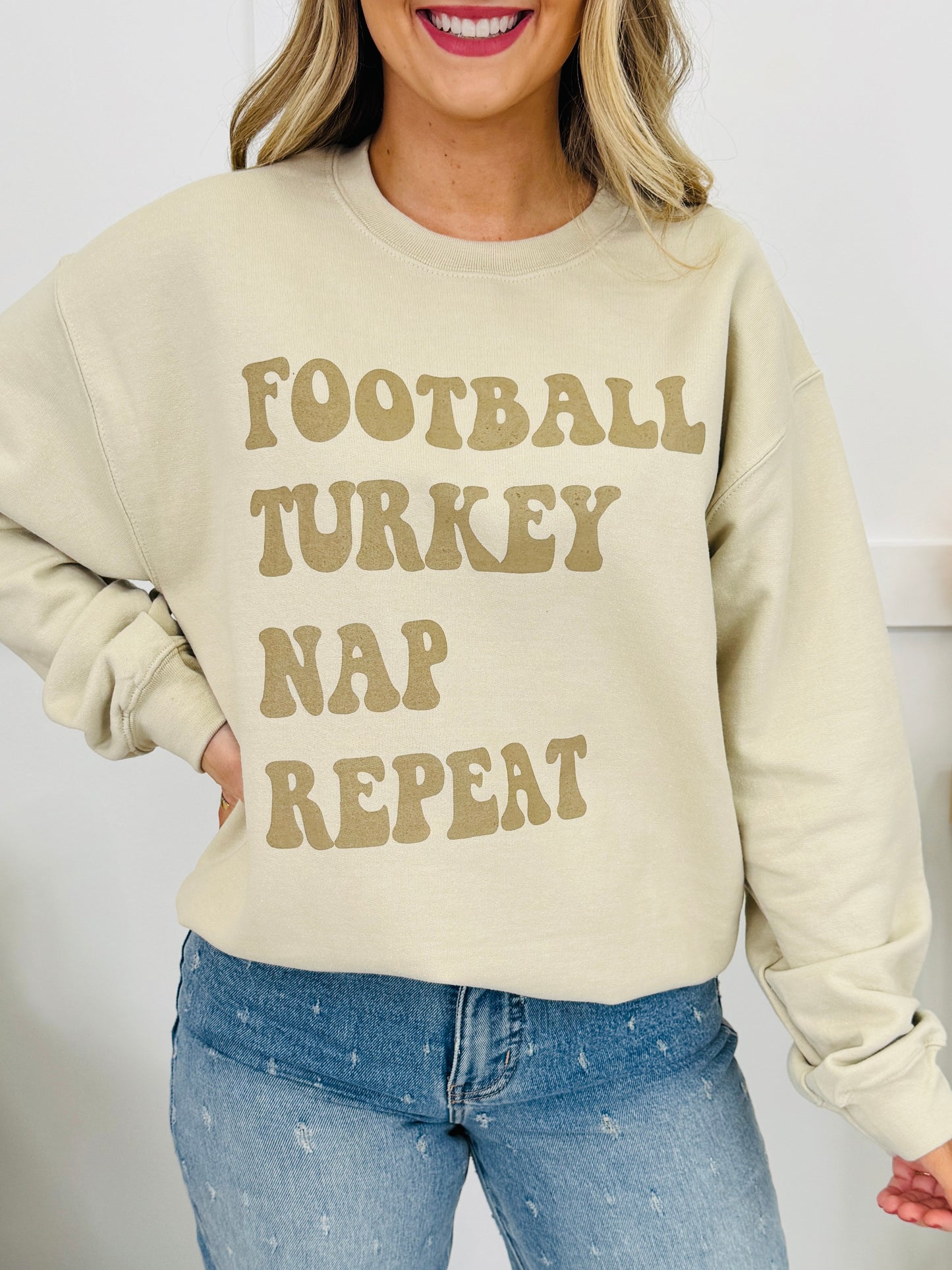 Football Turkey Nap Repeat Graphic Crewneck Sweatshirt