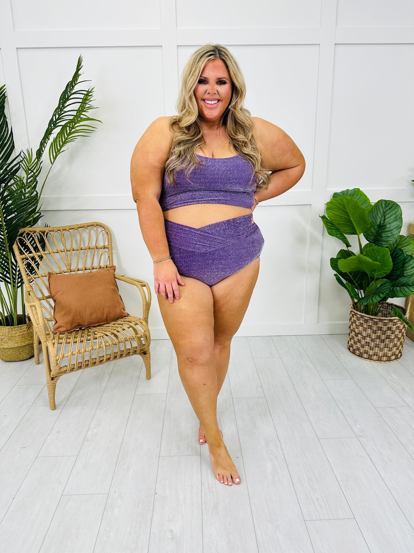 High Waisted V-Cut Swim Bottoms in Purple Shimmer