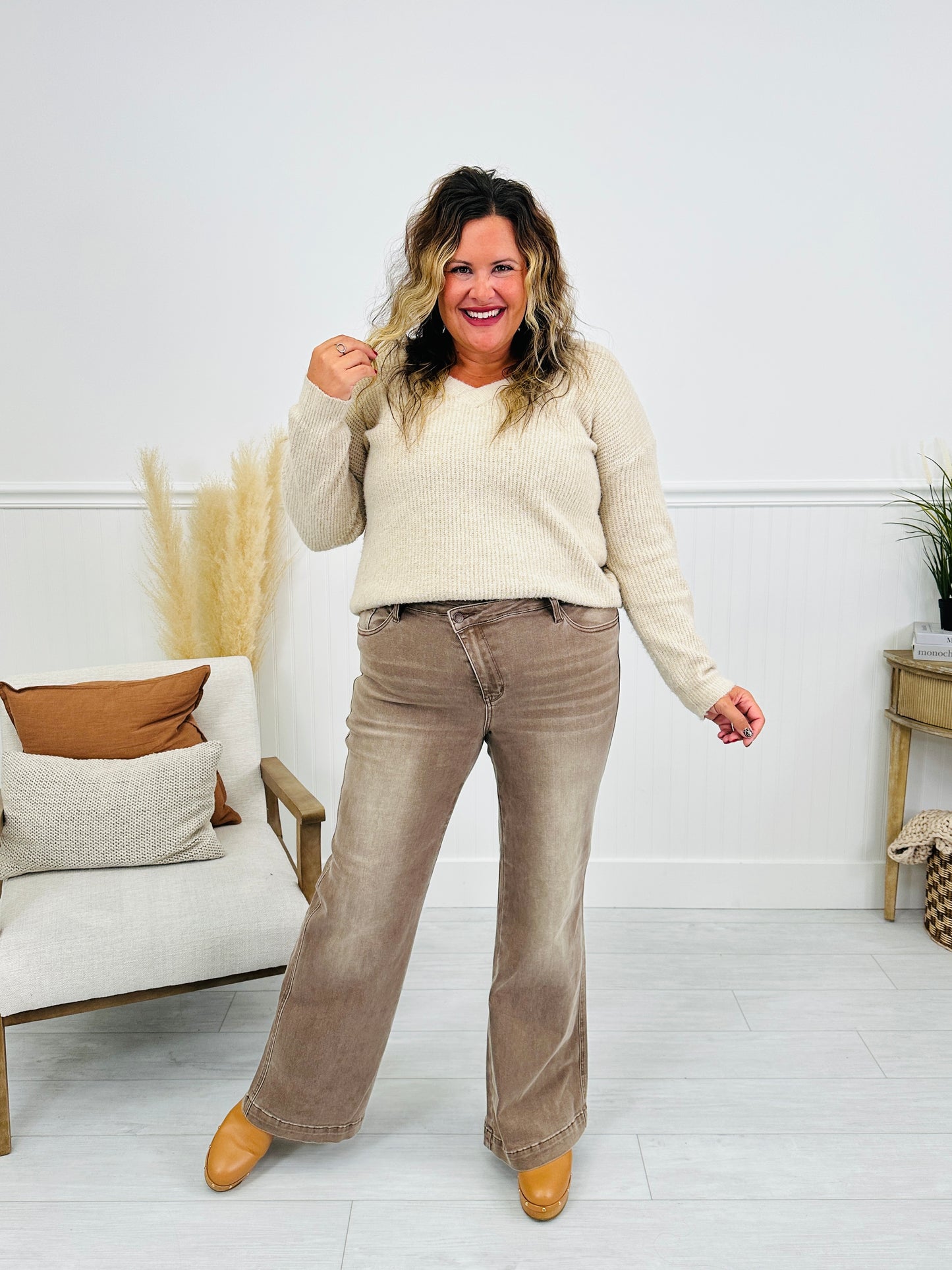 Judy Blue Cocoa Crush Retro Wide Leg Criss-Cross Jeans