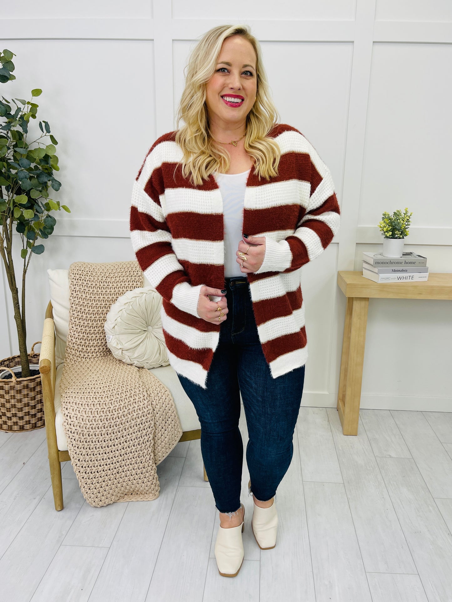 Wrapped In Stripes Cardigan In Burgundy