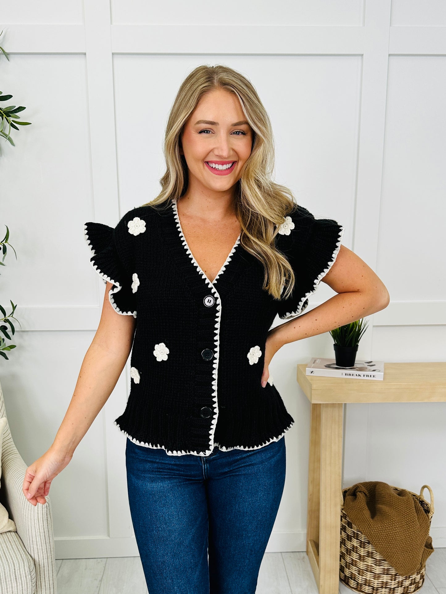 Buttoned Blooms Cardigan in Black