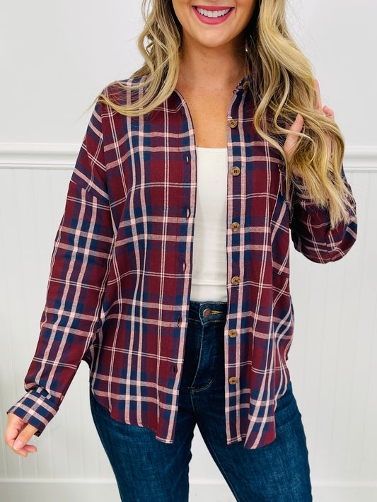 Through The Pines Top in Burgundy Multi