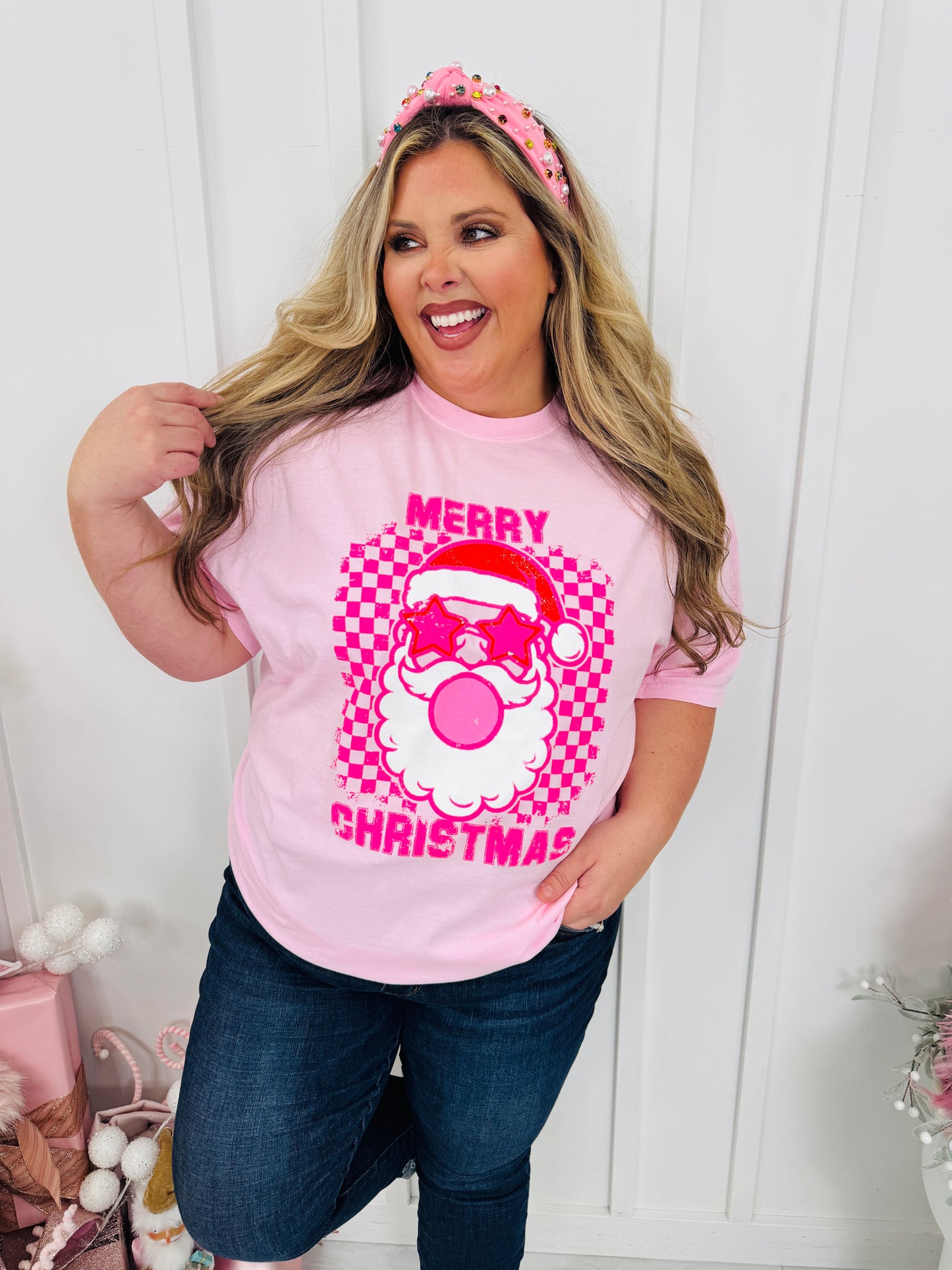 Merry Christmas Checkered Bubblegum Graphic Tee